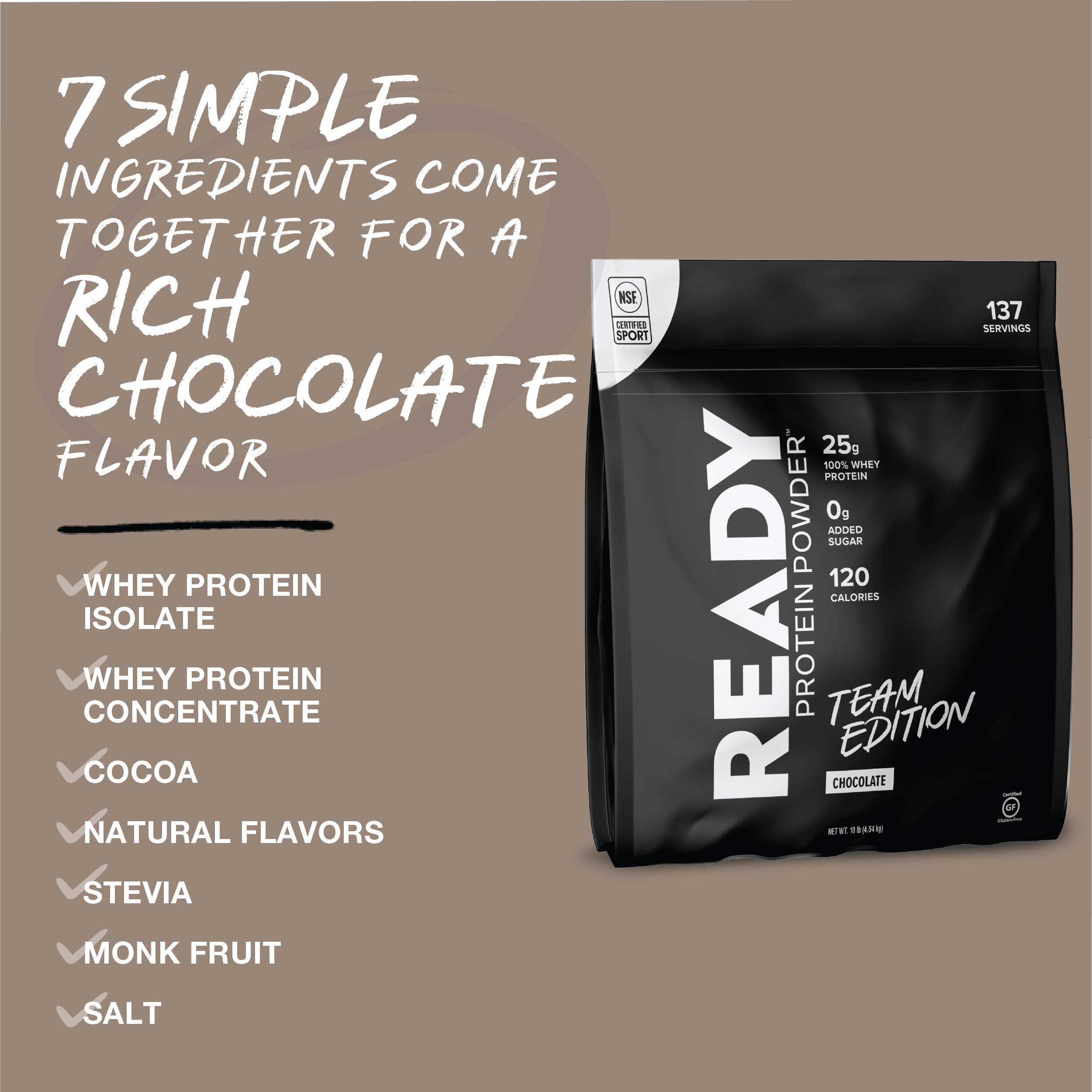 Ready Protein Powder - 25g Whey Protein, 0g Added Sugar, 7 Simple Ingredients, Chocolate Flavor, 10 Pound Bag | Perfect for Post-Workout Recovery & Muscle Building