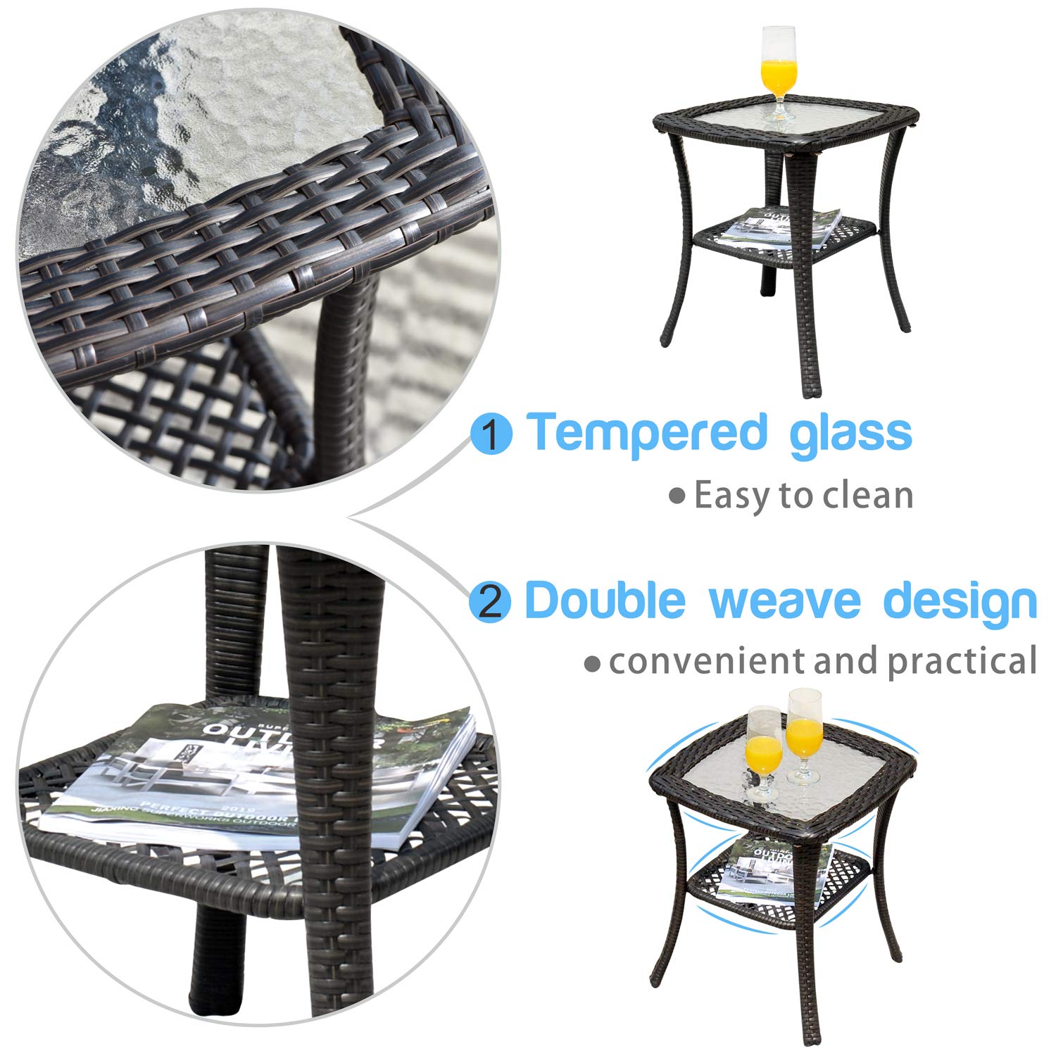Ovios 3-Piece Patio Rocking Bistro Set - Outdoor Wicker Furniture with Glass Coffee Table, Porch Rocking Chairs Conversation Set for Small Spaces, Deck, Terrace, Garden (Blue) - Perfect for Relaxing, Entertaining & Enjoying Morning Coffee Outdoors