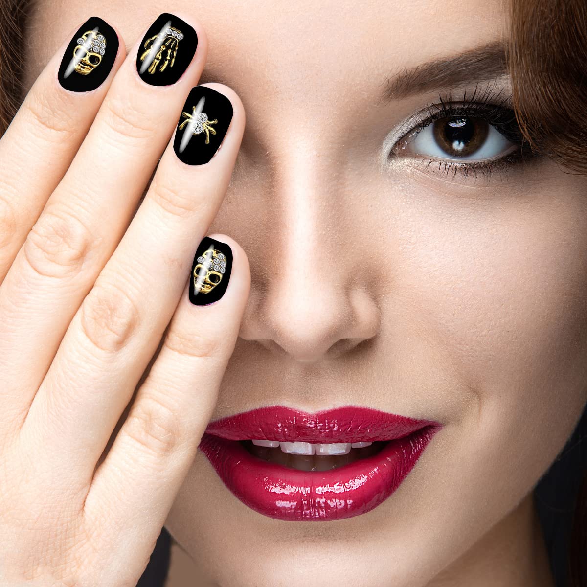 60Pcs 3D Halloween Nail Charms - Gold Spider, Skull & Skeleton Hand Nail Art Studs - Halloween Nail Decorations for Women - Perfect for Halloween Parties, Costume Nails & Spooky Nail Art Designs