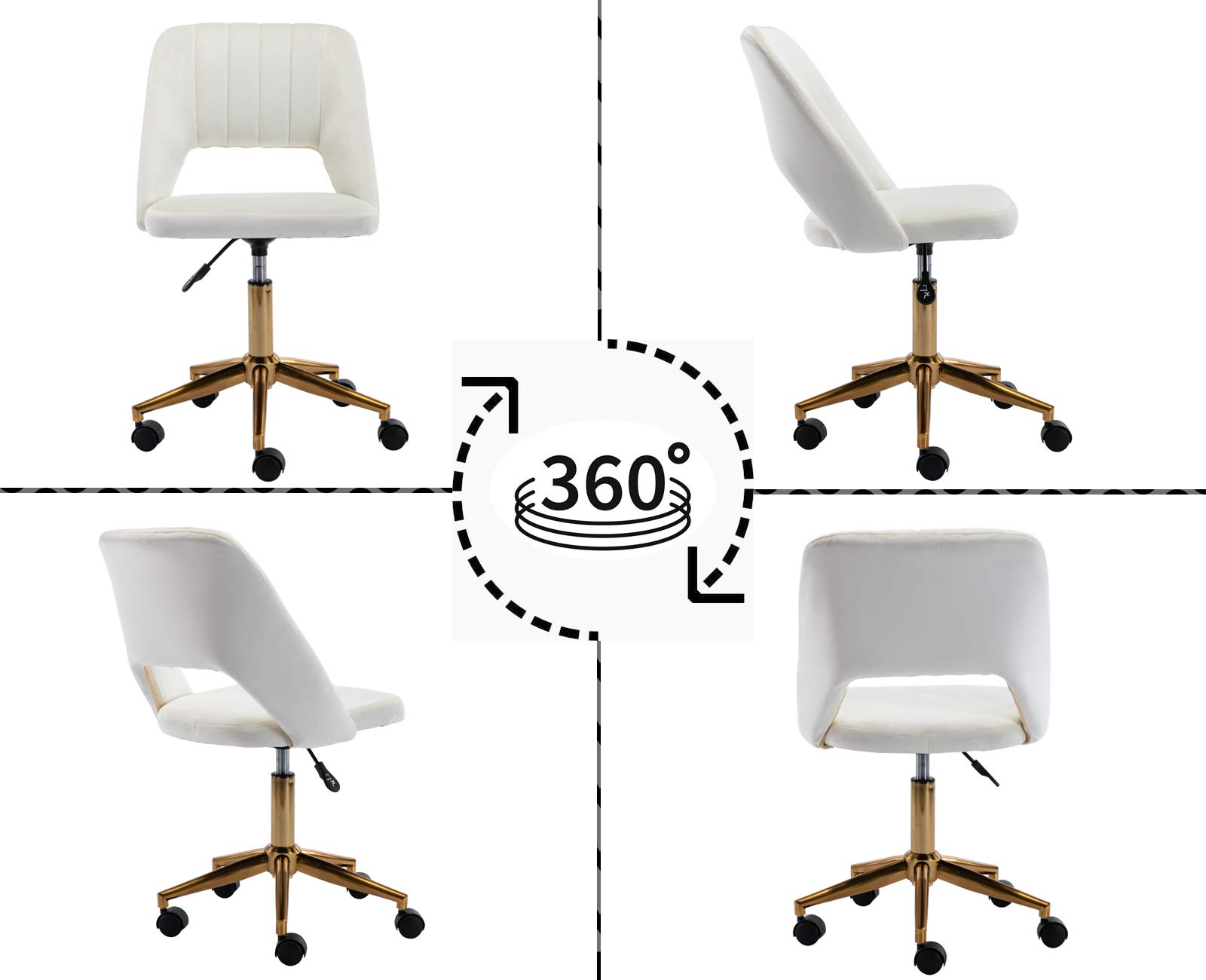 Velvet Office Desk Chair with Wheels - Mid Back Modern Home Office Chair, Small and Cute for Bedroom, White with Gold Base - Perfect for Home Office, Study, Dorm Room, and Small Spaces