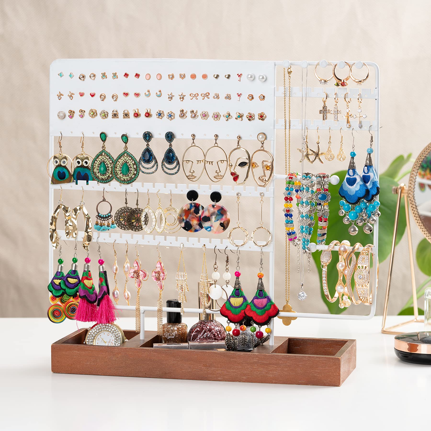 130-Hole Ear Stud Holder Stand with Wooden Tray - White Jewelry Organizer Tower for Earrings, Rings & Small Accessories - Perfect for Bedroom Vanity, Dresser Top & Travel Jewelry Storage