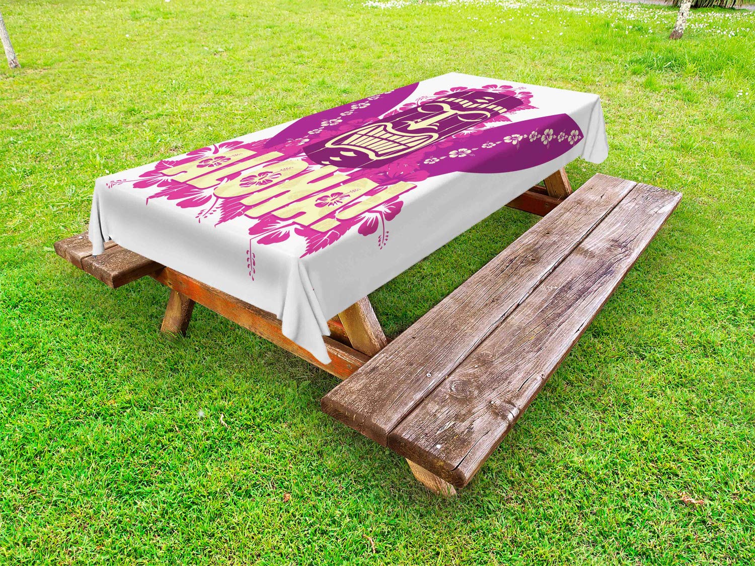 Ambesonne Tiki Bar Outdoor Tablecloth - Hand Drawn Aloha Art with Surfboards & Hibiscus - Washable Picnic Table Cover 58x120 Inches - Pale Yellow & Hot Pink - Perfect for Luau Parties, Beach BBQs, and Tropical-Themed Decor