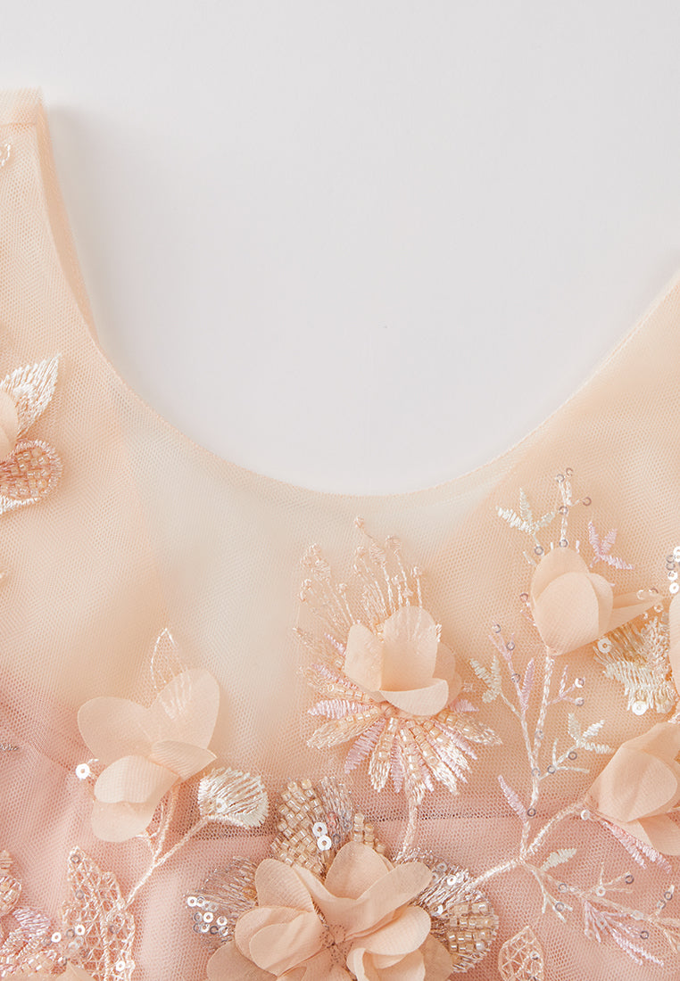 Elegant Embroidered Mesh Dress with Pop-up Flowers, Beads & Sequin Details - Perfect for Weddings, Parties & Special Occasions