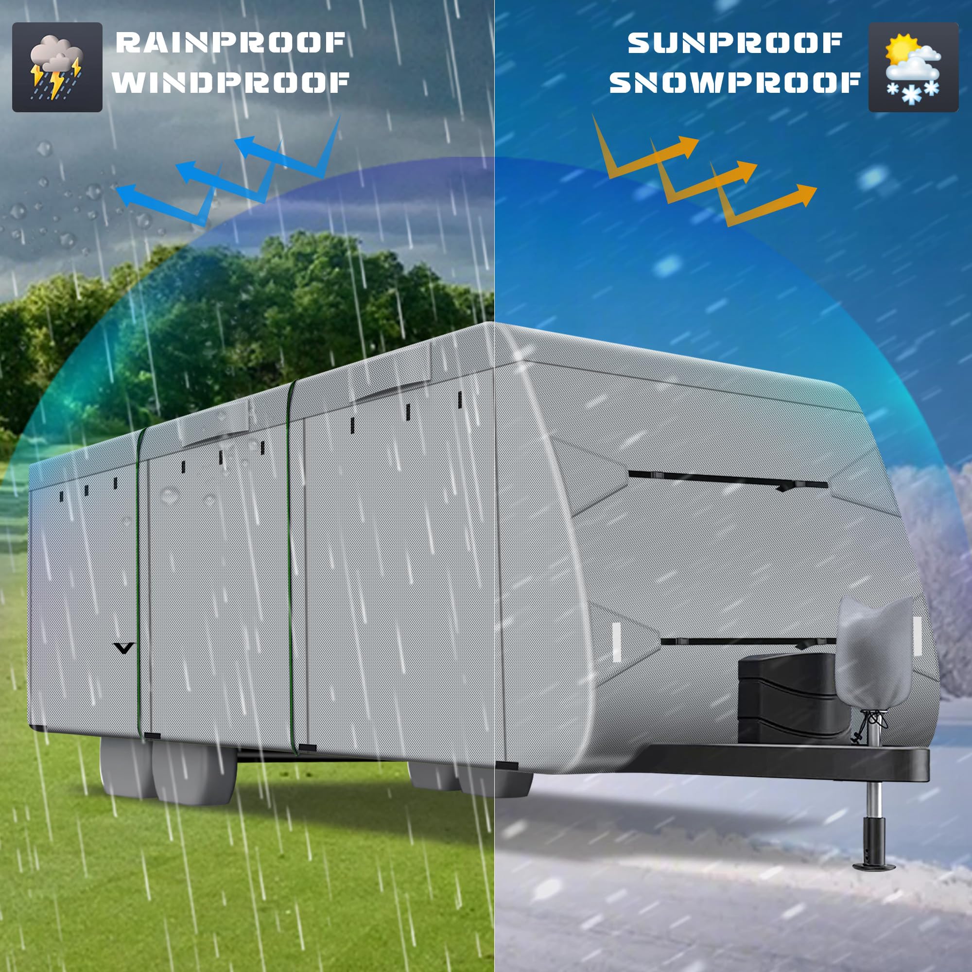 Richeer 300D Heavy-Duty RV Cover for 30'-33' Travel Trailers - Waterproof, Windproof, UV-Resistant Rip-Stop Fabric with Storage Bag, Tire Covers & Reflective Strips - Perfect for Outdoor Camping, Winter Storage & Long-Term Vehicle Protection (Dark Grey)