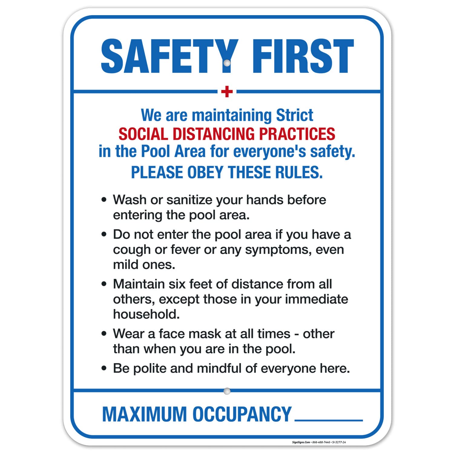 Social Distancing Pool Rules Sign - 18x24 Inch Rustproof Aluminum Safety Sign for Swimming Pools | Fade-Resistant, Easy to Install | Indoor/Outdoor Use | Made in USA | Perfect for Public Pools, Water Parks & Backyard Safety