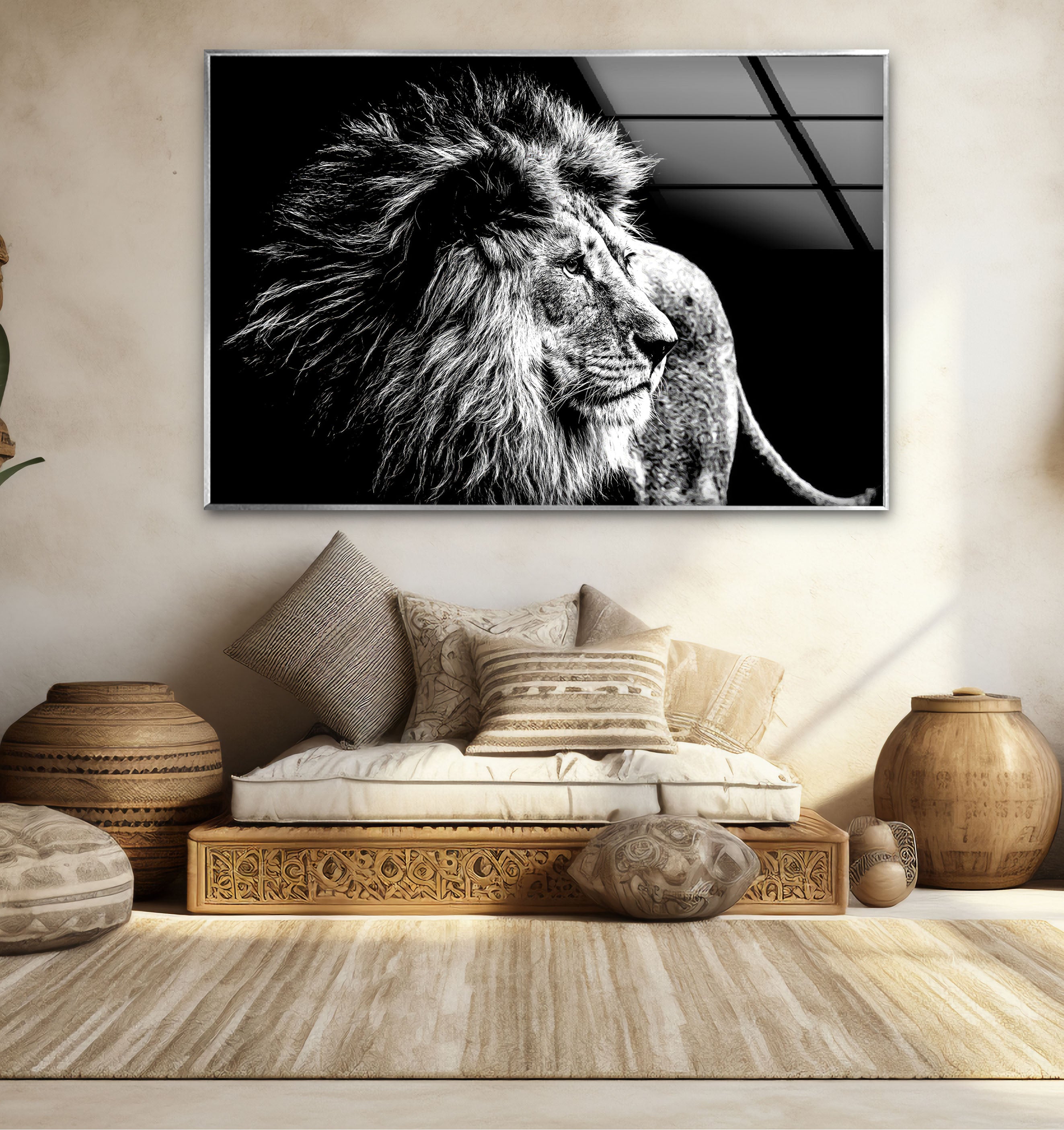Majestic Black and White Lion Wall Art - Premium Wildlife Glass Print for Living Room, Office & Home Decor | Safari Animal Theme Artwork