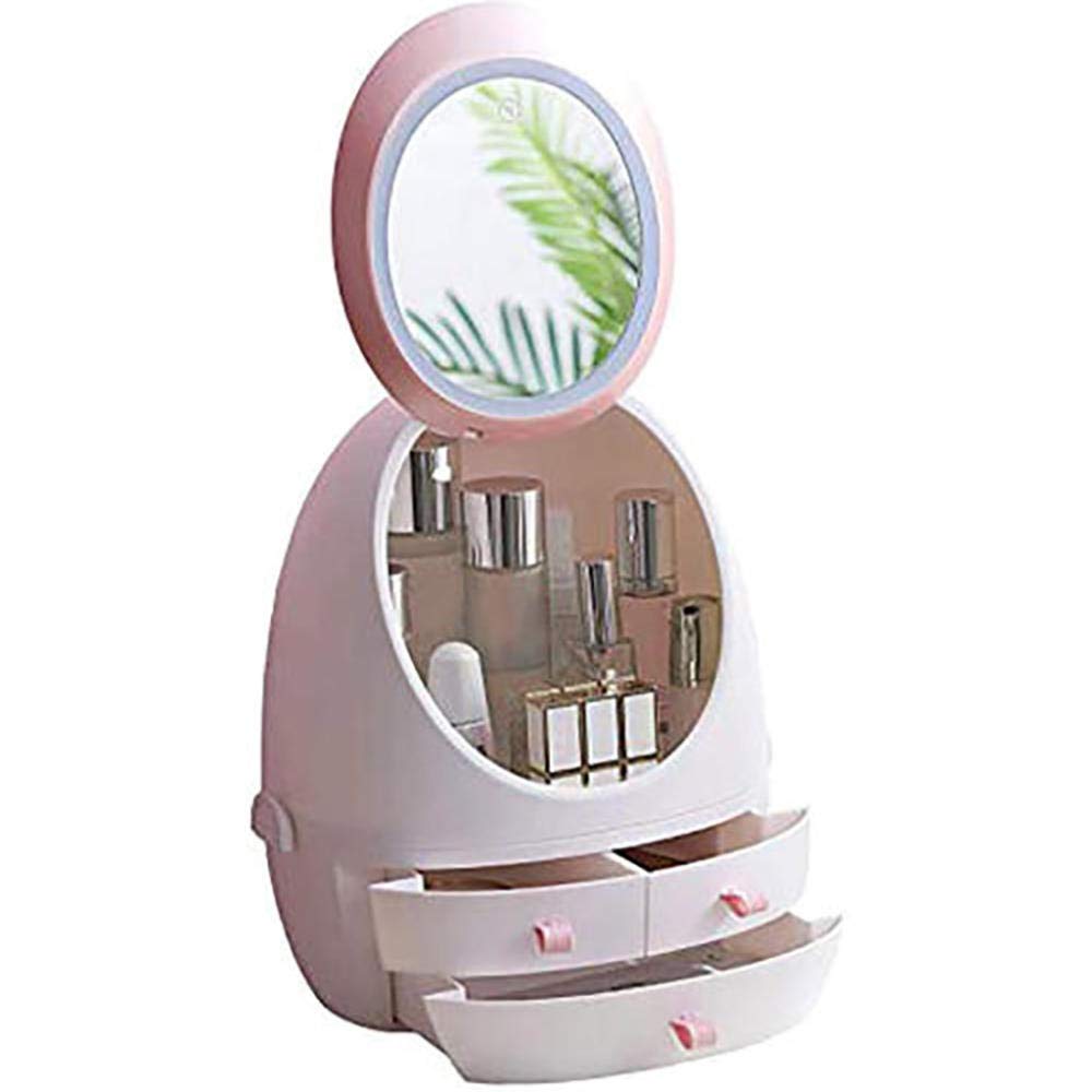 Egg-Shaped Makeup Organizer with 3 Drawers, LED Mirror - Cosmetic Storage Box for Bathroom, Dresser & Vanity | Portable Desktop Organizer for Makeup Brushes, Jewelry & Skincare Products