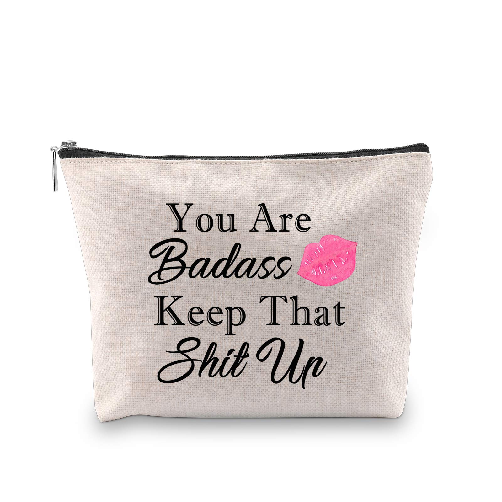 PXTIDY Funny Motivational Makeup Bag - 'You Are Badass Keep That Shit Up' Cosmetic Pouch for Travel & Daily Use - Perfect Gift for Women (Beige) | Great for Makeup Storage, Gym Essentials & Travel Organizer