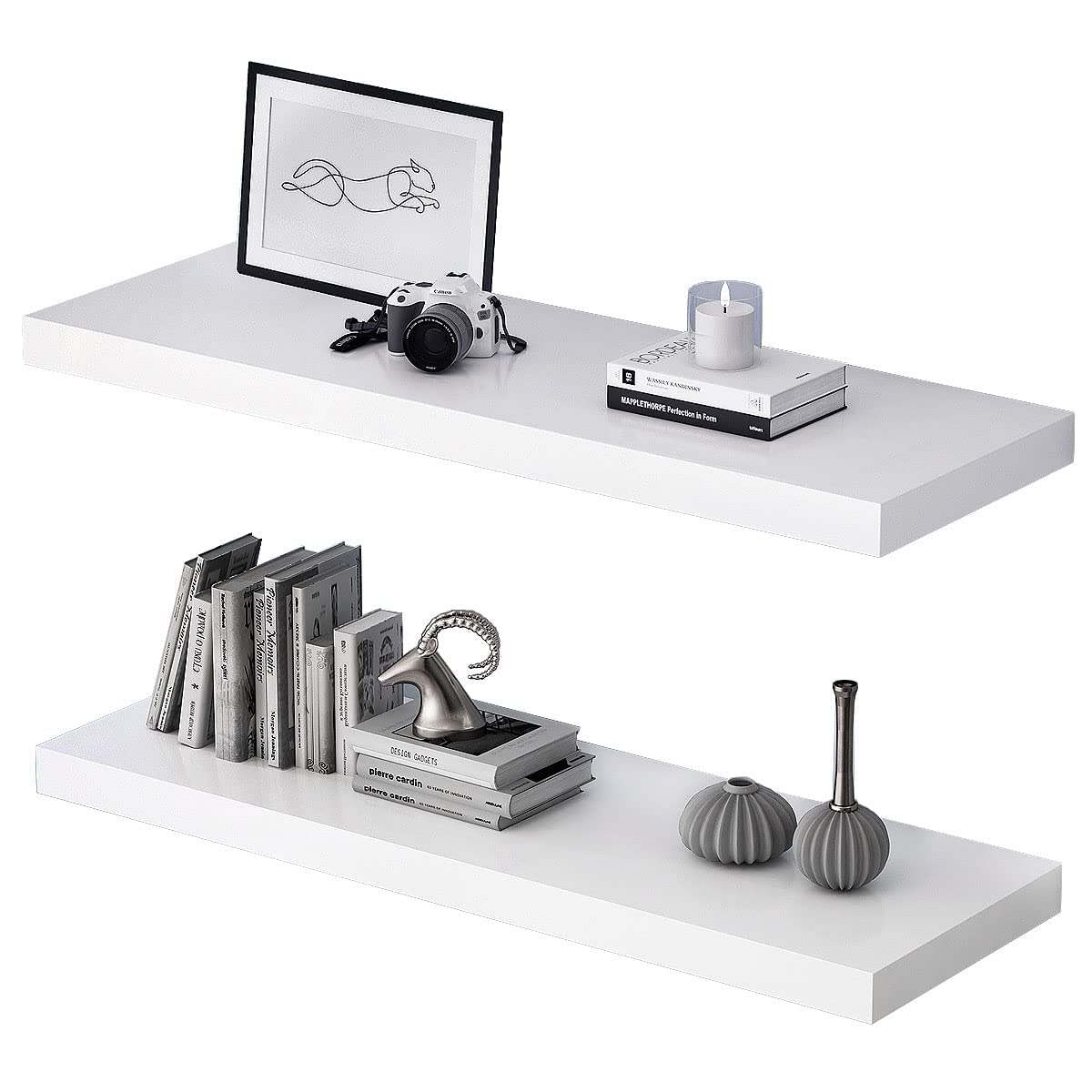 RANK Floating Shelves 2 Pack - Modern Wall Mounted Display Shelves for Home Decor - White Wooden Shelves (35.5