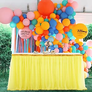 14ft Yellow Tulle Table Skirt for Rectangle & Round Tables - Elegant Tutu Table Cover for Weddings, Bridal Showers, Baby Showers & Birthday Party Decorations | Perfect for Indoor/Outdoor Events, Banquets & Special Occasions
