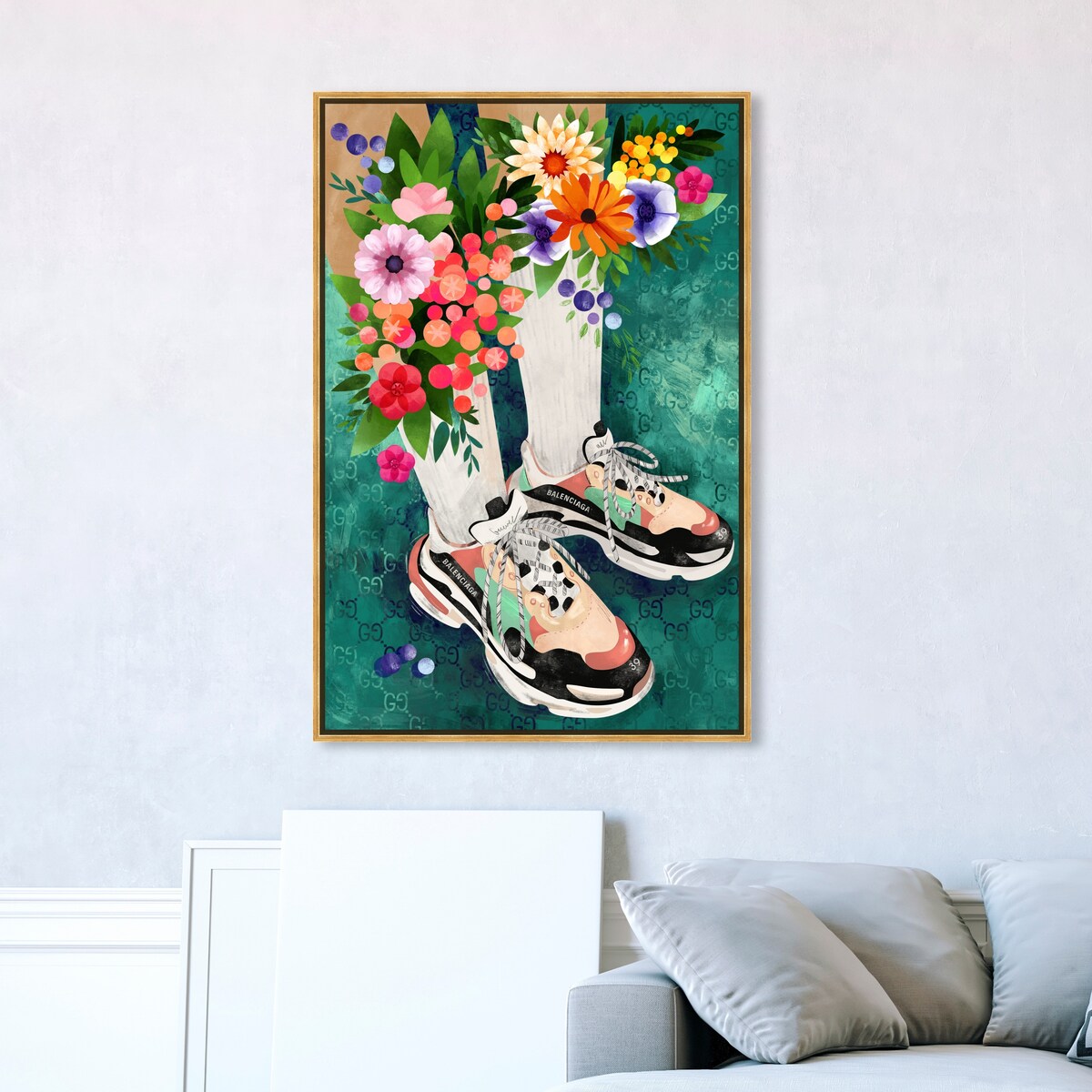 Stylish Floral Sneakers & Socks Set with Modern Green Framed Canvas Wall Art - Perfect for Bedroom Decor and Fashion Outfits | Home & Fashion Combo