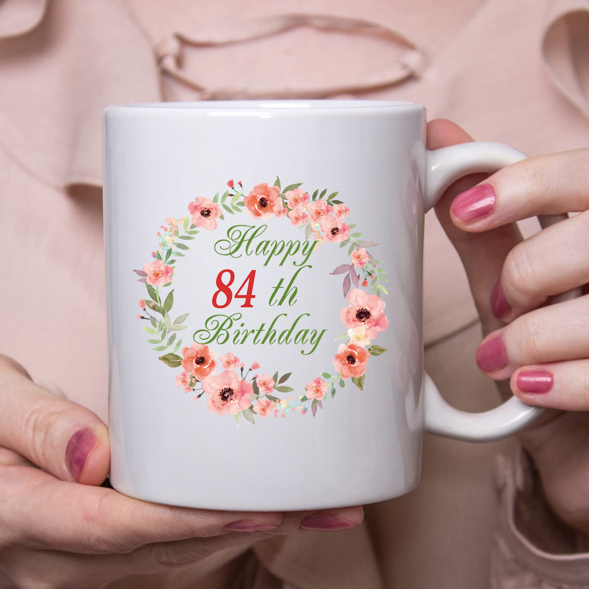 84th Birthday Gifts for Women - 11 oz Ceramic Coffee Mug with Birthday Garland Design - Perfect Present for Grandma, Mom, Sister, Wife, Friend - Ideal for Coffee, Tea or Hot Chocolate at Birthday Celebrations