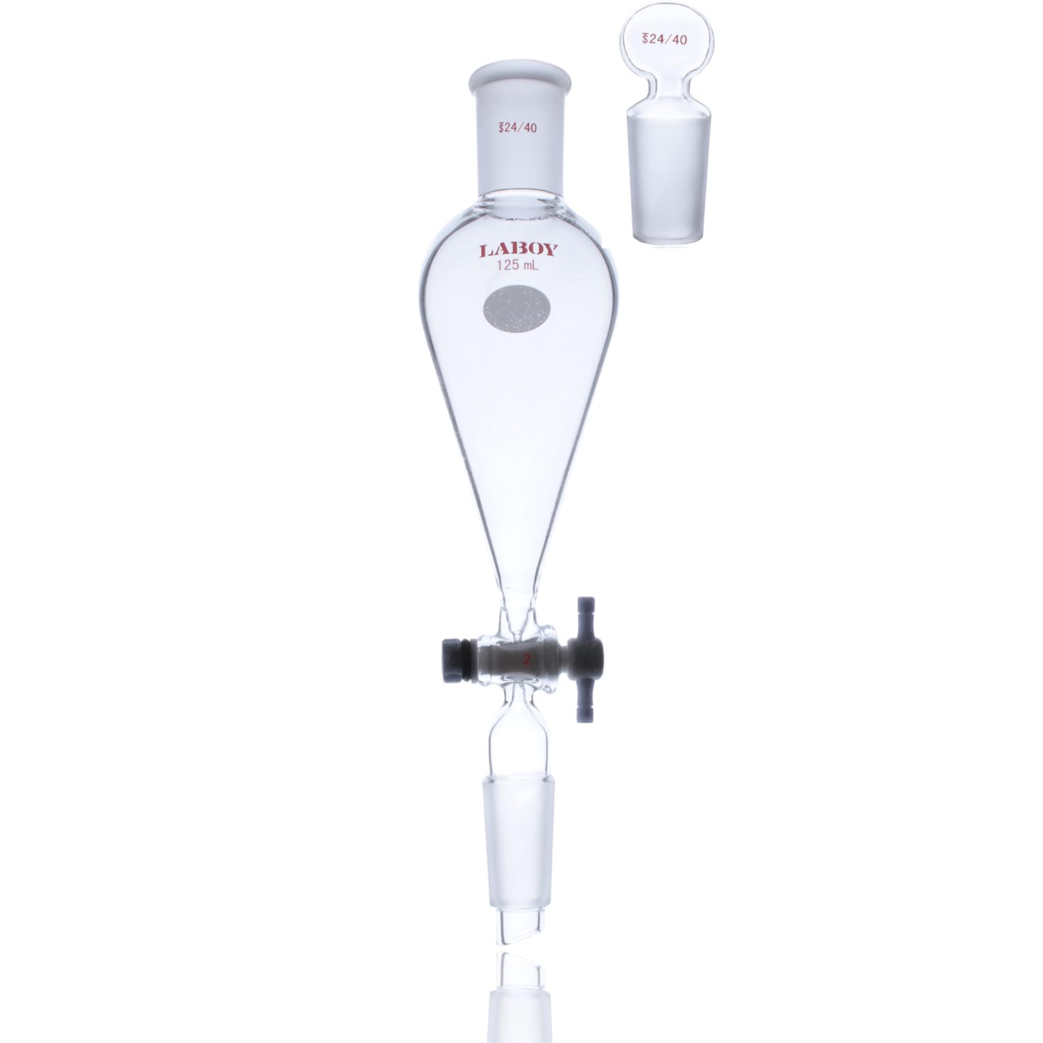 Laboy Glass 125mL Pear-Shaped Separatory Funnel with 24/40 Joints & PTFE Stopcock - Premium Lab Glassware for Chemical Extraction, Essential Oil Separation & Liquid Measurement in Laboratories