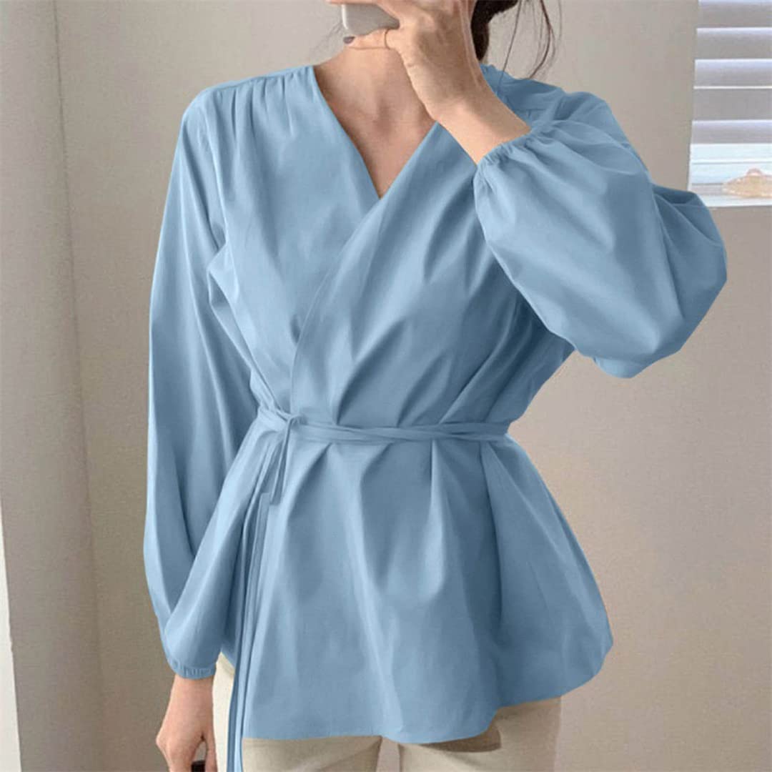 Women's Long Sleeve V-Neck Ruffle Blouse - Off Shoulder Tie Waist Wrap Top in Blue (XXL) | Elegant Casual Wear for Office, Date Night & Special Occasions