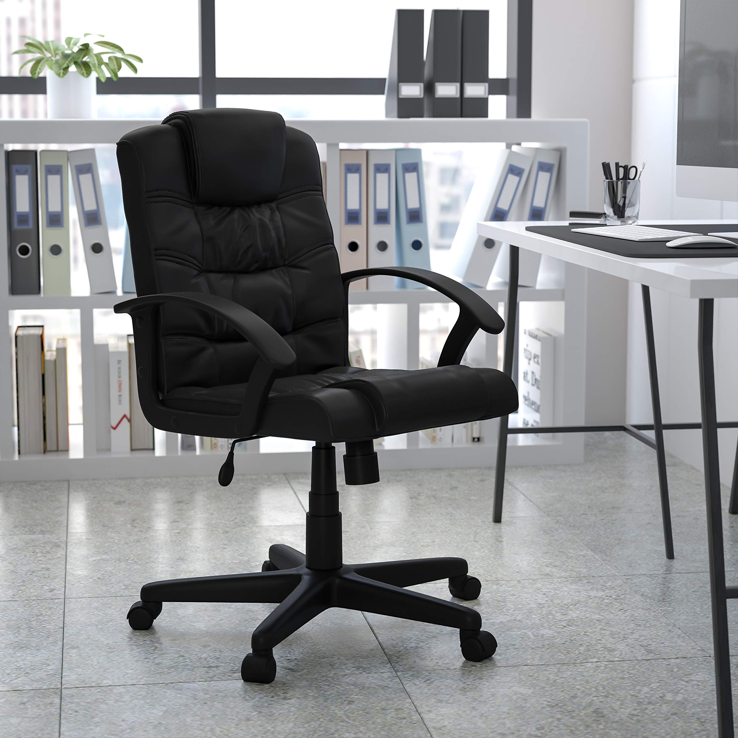 Black LeatherSoft Mid-Back Swivel Office Chair with Ripple Design & Accent Stitching - Ergonomic Task Chair for Home Office, Gaming & Workspace Comfort