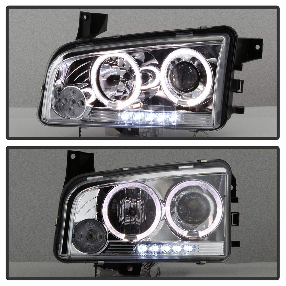 ACANII LED Halo Chrome Projector Headlights Assembly for 2006-2010 Dodge Charger - Durable Replacement Headlamps with Halo Rings (Driver & Passenger Side) - Upgrade Your Night Driving Visibility & Style
