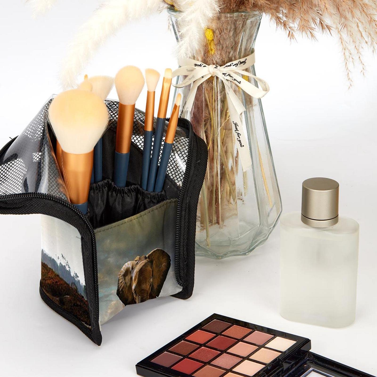 Premium Makeup Brush Organizer Bag with 12 Brushes - Asian Elephant Design, Portable Cosmetic Brush Holder Case for Travel & Home Storage
