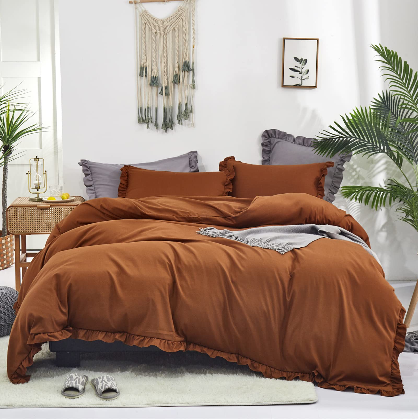 Luxlovery Ruffle Pumpkin Comforter Set California King - Farmhouse Rust Terracotta Bedding | Shabby Chic Boho Solid Cotton Blanket & Quilt | Vintage Rustic Pumpkin Bedding for Cal King Bed - Perfect for Fall Decor, Cozy Farmhouse Bedroom & Autumn Wedding Guest Room