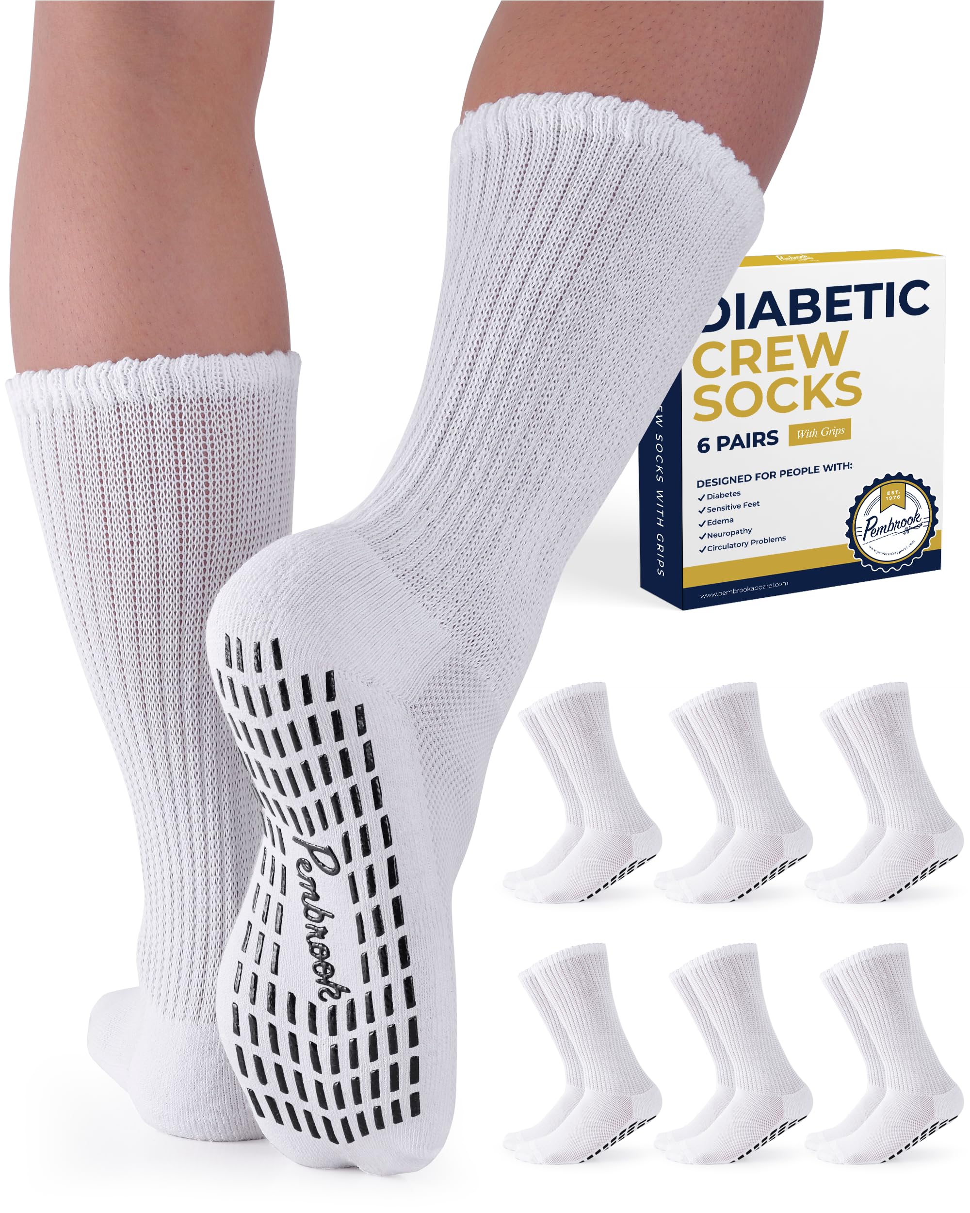 Pembrook 6 Pairs Diabetic Socks with Non-Slip Grippers for Men & Women - Breathable Neuropathy Socks for Circulation, Edema Relief & Swollen Feet (12 Colors) - Ideal for Daily Wear, Travel & Diabetic Foot Care