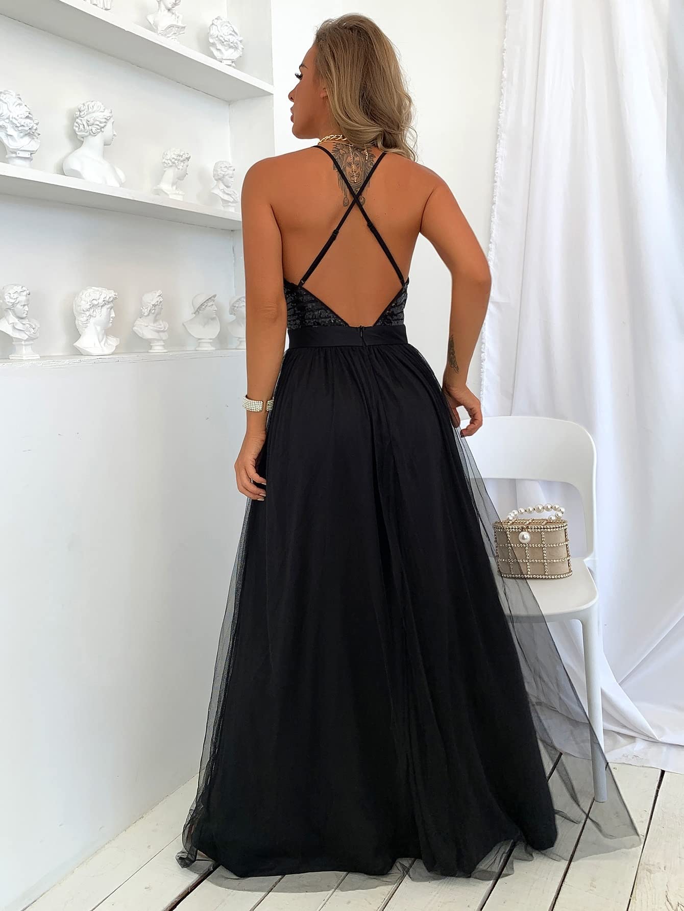 Joyfunear Women's Summer Slip Dress with Sequin Bodice & Backless Mesh - Sexy Prom Dress for Evening Parties, Date Nights & Special Occasions
