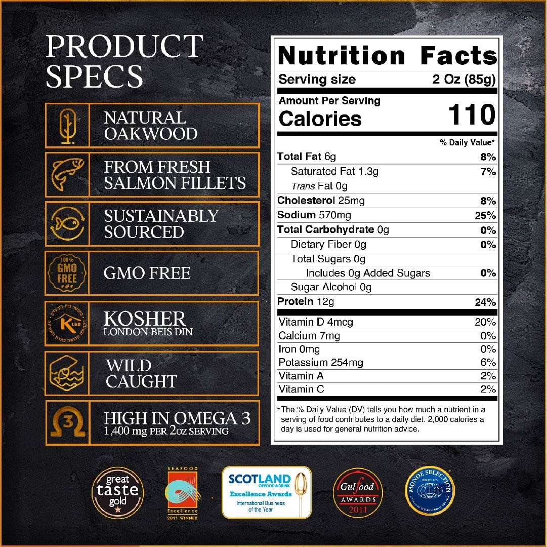 Premium Whole Smoked Salmon Nova Fillet - 3.3 Lb. Fresh Atlantic Salmon, Skin-On, Kosher, Gluten Free, High in Omega 3 - Award-Winning Quality for Gourmet Meals, Charcuterie Boards & Holiday Gifting