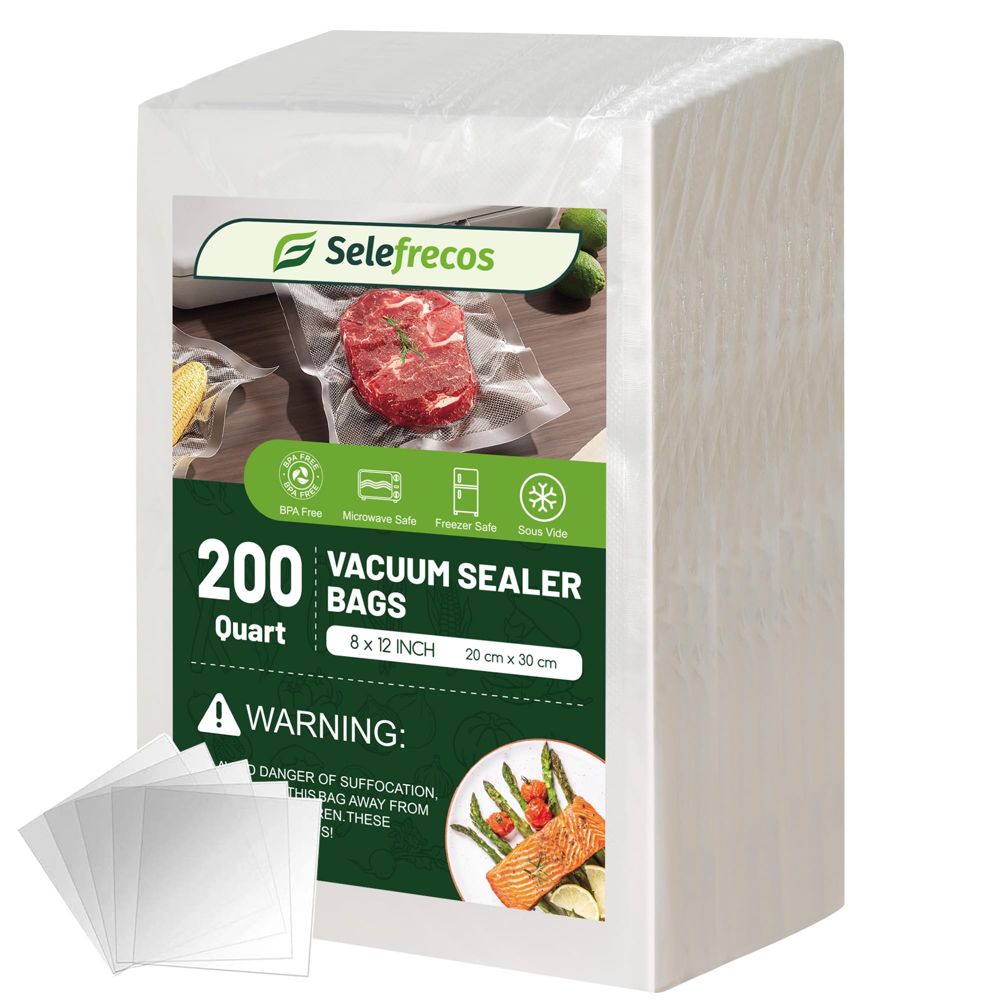 Premium BPA-Free Vacuum Sealer Bags - 200 Quart (8x12 Inch) Heavy Duty Commercial Grade Food Storage Bags for Sous Vide, Freezer & Meal Prep | Compatible with FoodSaver, Seal-a-Meal & Weston | Perfect for Long-Term Food Preservation, Freezing Meats & Sous Vide Cooking