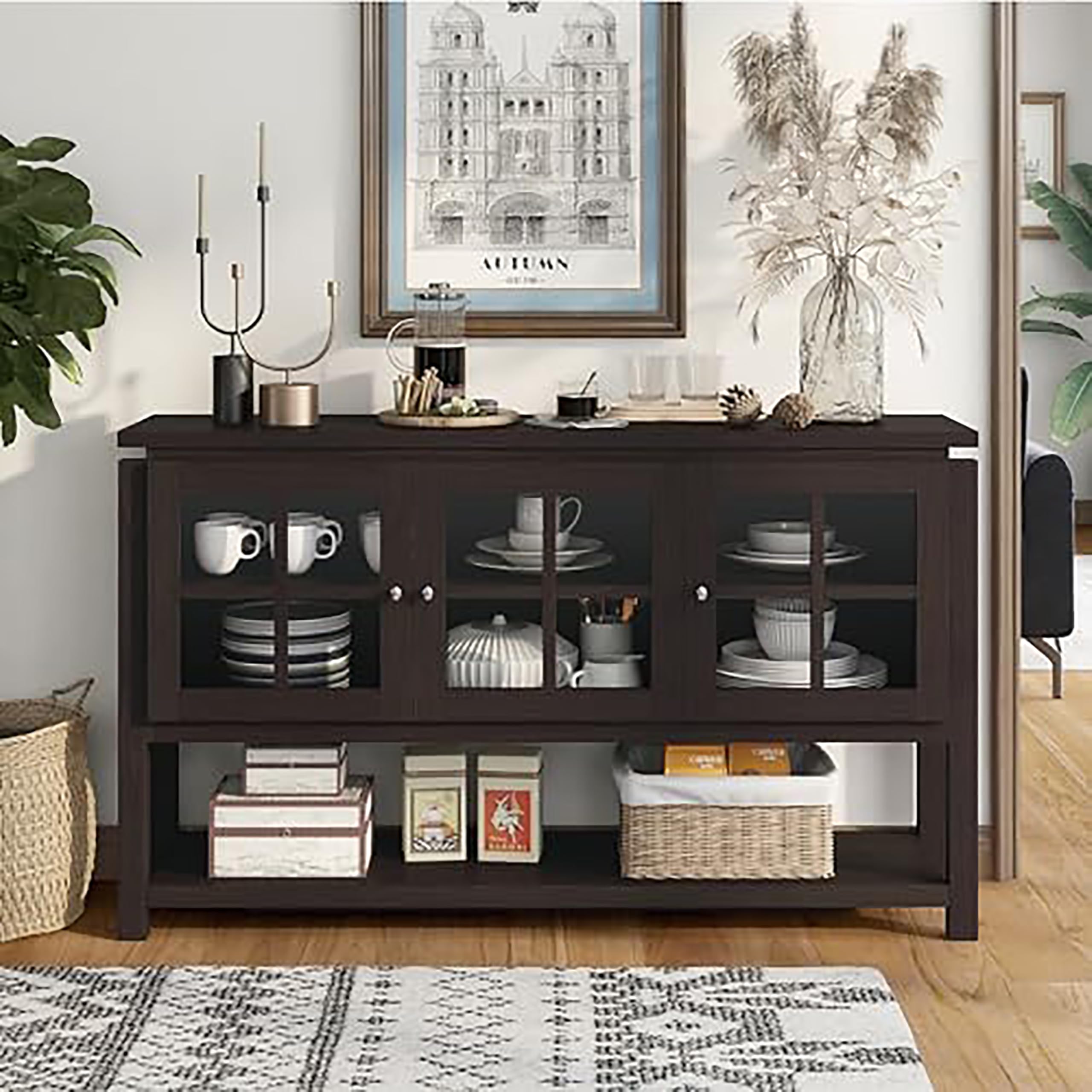 Furniture of America Julianna Farmhouse Sideboard Buffet Cabinet with Storage & Glass Doors - Solid Wood Kitchen Coffee Bar Console Table for Entryway, Dining Room, Living Room - Walnut Finish for Rustic Home Decor & Entertaining