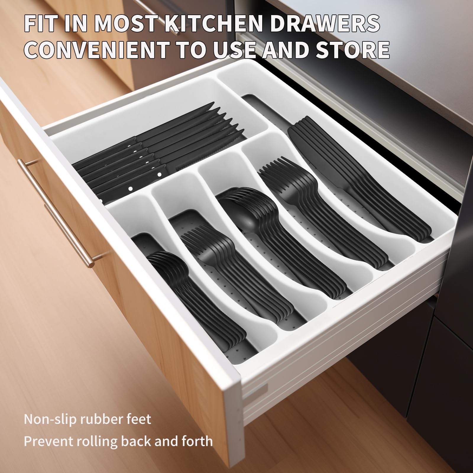 53-Piece Stainless Steel Flatware Set for 8 - Black Silverware Set with Steak Knives, Spoons, Forks & Serving Utensils - Includes Cutlery Drawer Organizer - Mirror Polished - Perfect for Dinner Parties, Restaurants & Home Dining