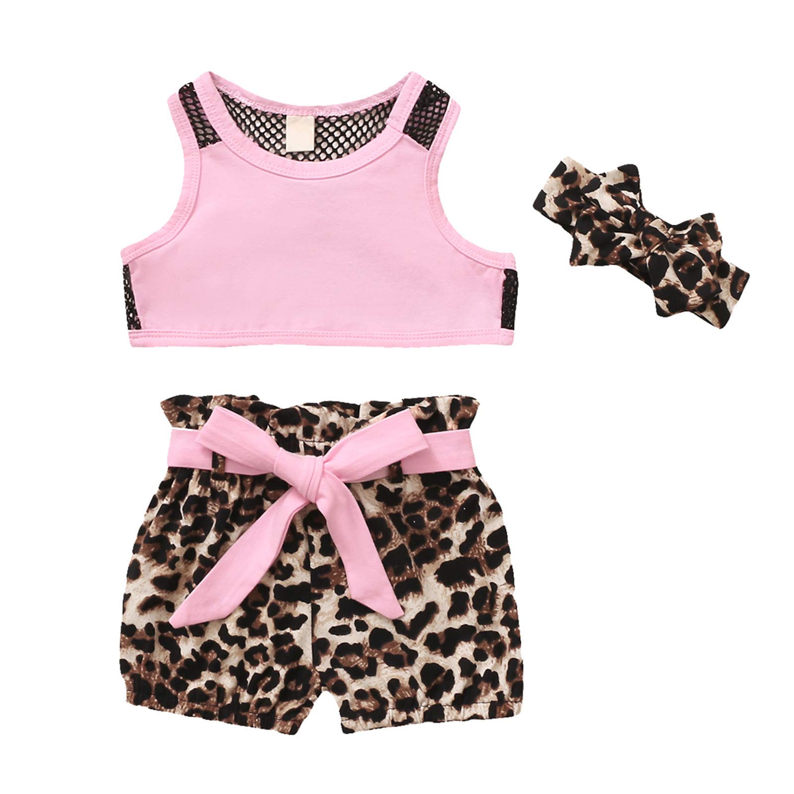 **Size 7/8 Girls Clothes Set - Toddler Baby Girls Sleeveless Solid Vest Top + Leopard Print Shorts Outfit, Cute Summer Playwear for Kids**    (使用场景: Perfect for summer playdates, daycare, beach trips, and casual outings.)