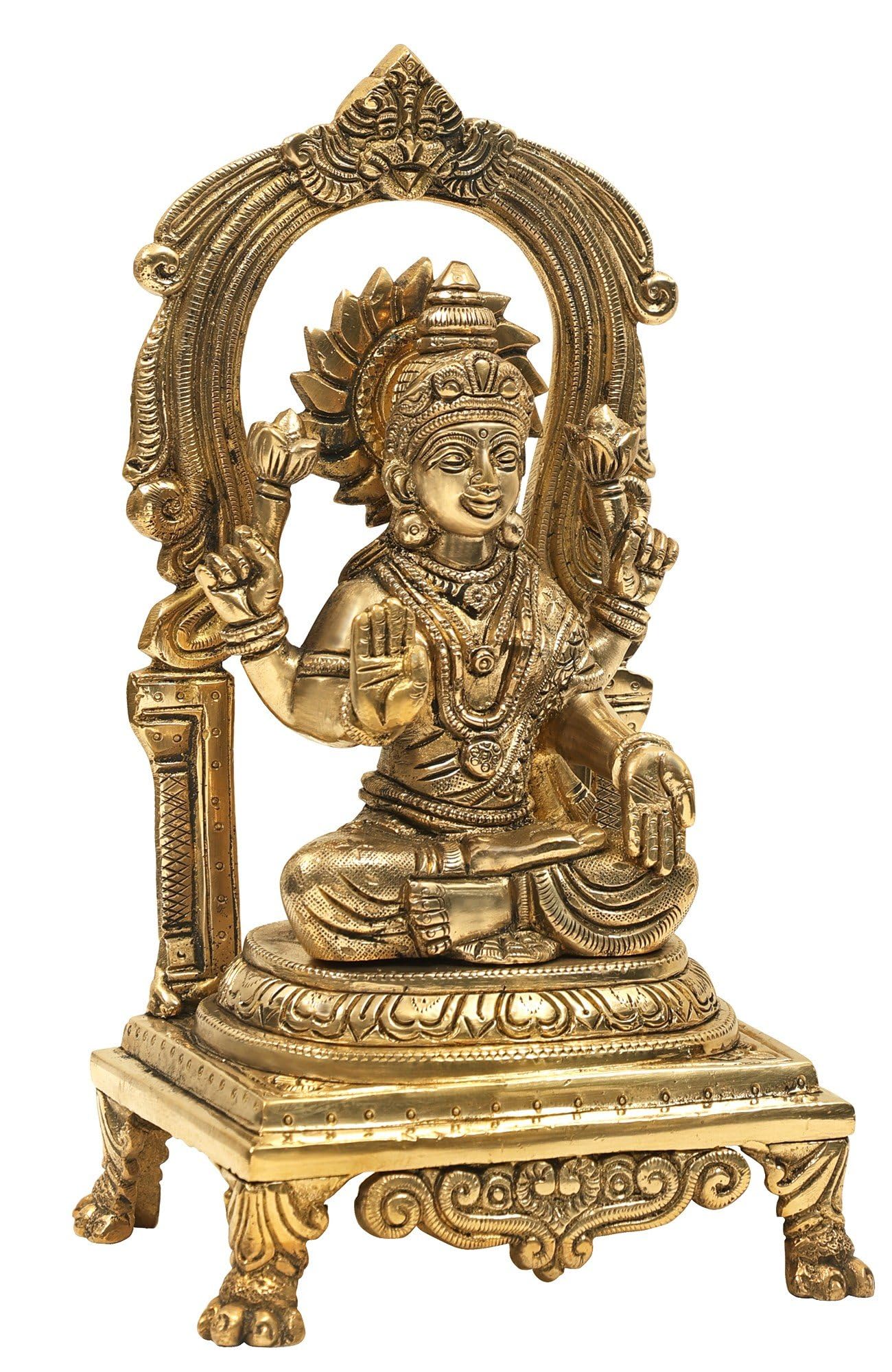 9 Inch Brass Goddess Lakshmi Statue Seated on Kirtimukha Prabhawali Throne - Handmade in India | Hindu Deity Home Decor for Altar, Meditation & Spiritual Gifts
