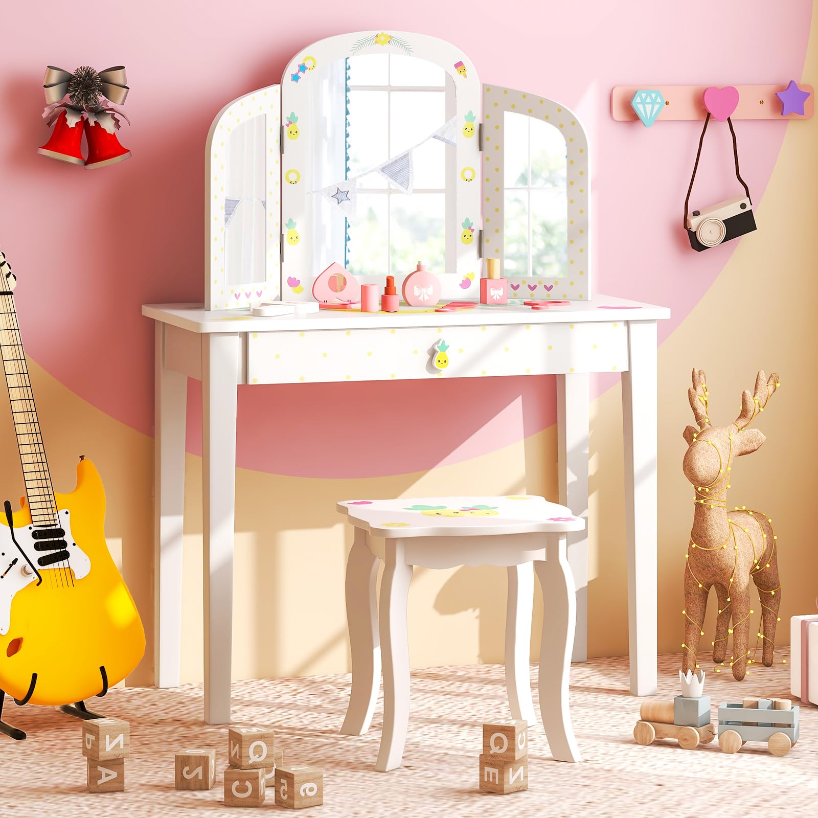 Costzon Kids Vanity Table with Tri-Folding Mirror & Drawer - Princess Makeup Dressing Set for Girls, 2-in-1 Detachable Top Pretend Play Beauty Station (Fruit Pattern) - Perfect for Bedroom Decor & Role Play Gifts