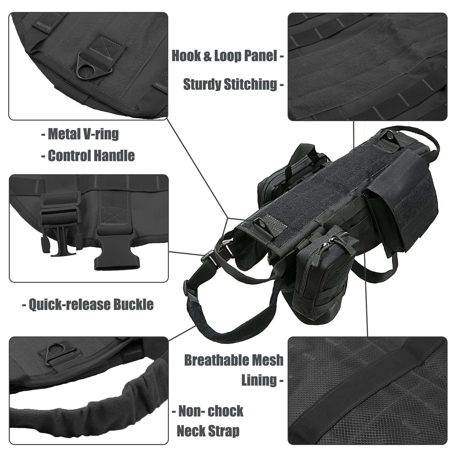 Tactical Dog Harness with Pouches - Adjustable Military Vest for Large & Medium Dogs | No-Pull Service Dog Harness with Handle & Hook Loop Panels | Perfect for Walking, Hiking & Training Outdoor Adventures