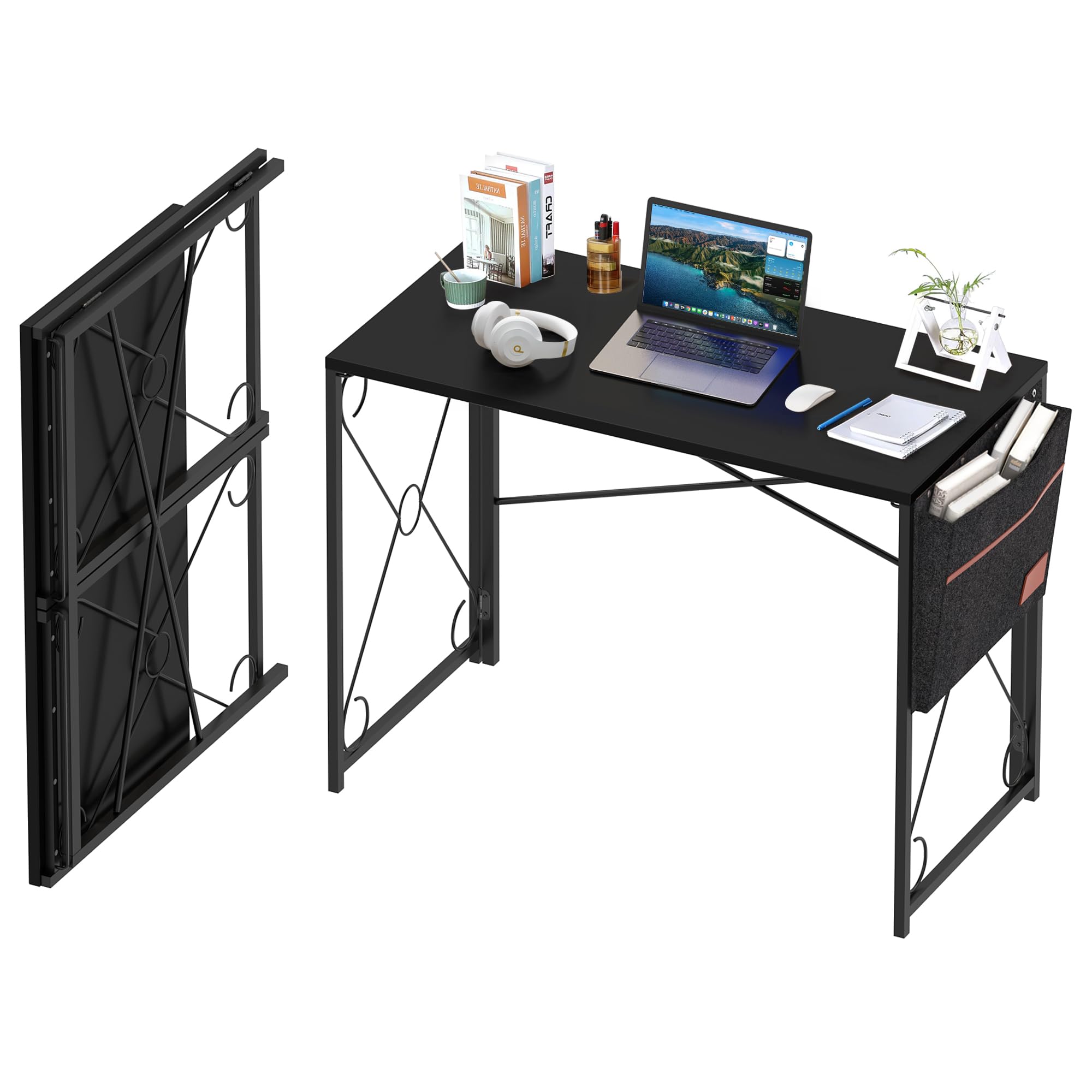 VECELO 39 Inch Folding Desk - Simple Assembly Computer Desk for Home Office, Study & Small Spaces | Writing, Working & Gaming Desk | Foldable Table with Sturdy Frame (Black) - Perfect for Apartments, Dorms & Workspaces