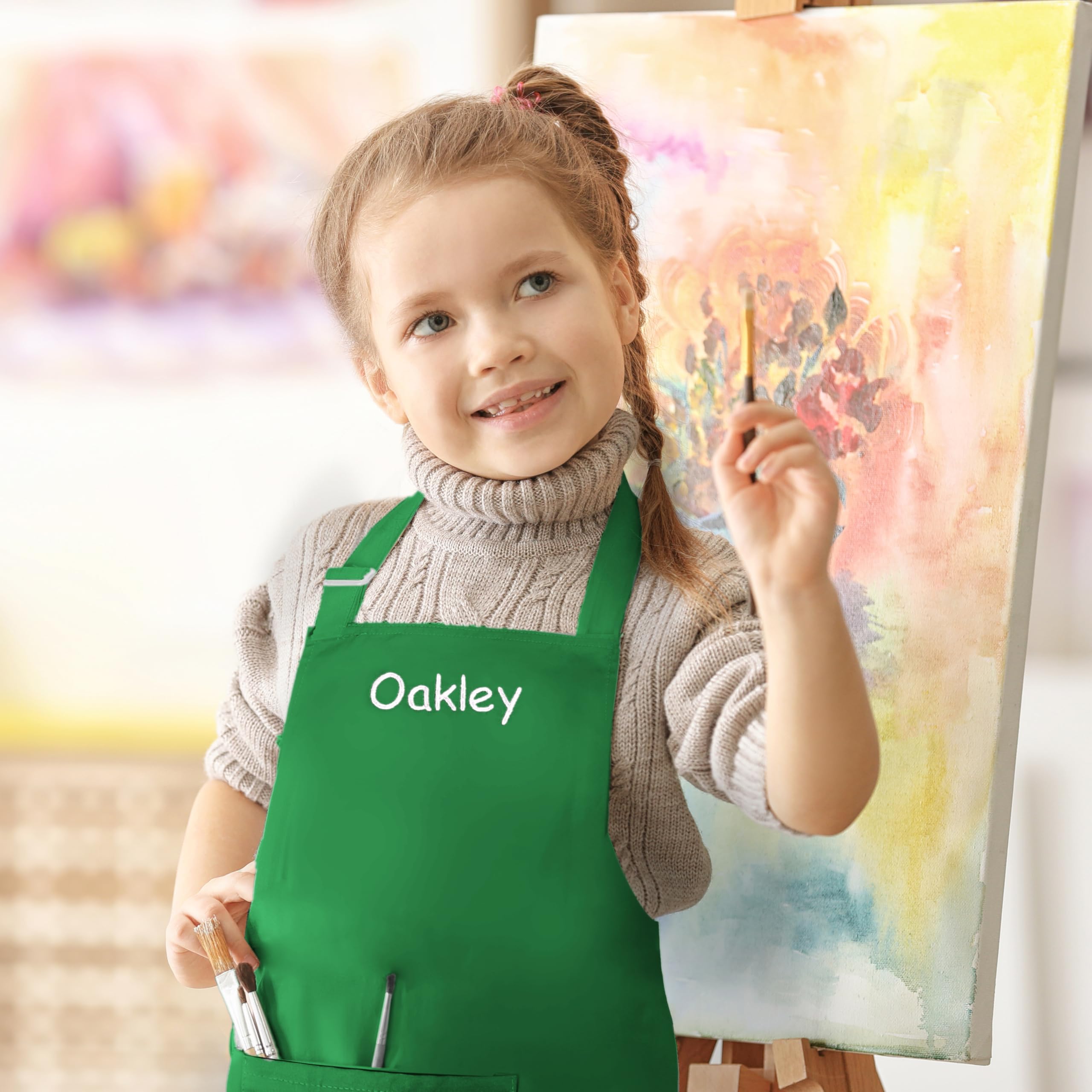 Personalized Kids Apron with Embroidered Name - Cute Chef Costume for Children Ages 7-12 - Washable Art, Painting & Cooking Apron for Birthday Parties, Baking Classes & Kitchen Playtime