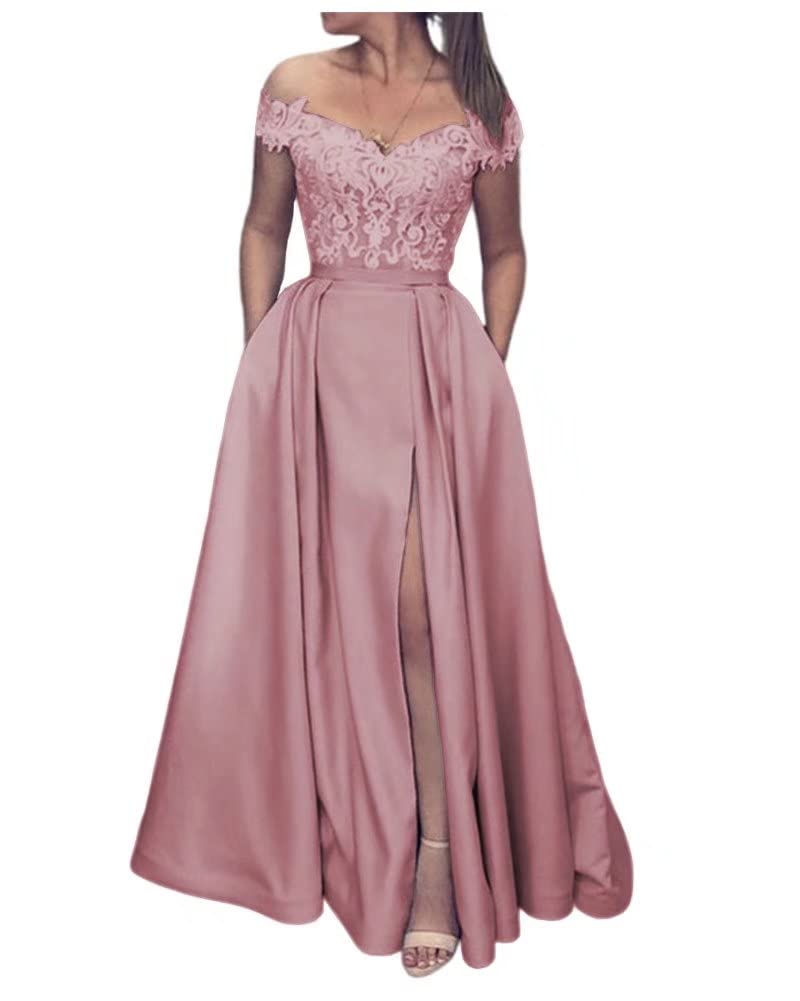 Zhangyo Women's Long Off The Shoulder Prom Dress with Slit - Satin Sweetheart Formal Gown A-line Lace Evening Dress for Homecoming, Wedding, Party & Special Occasions