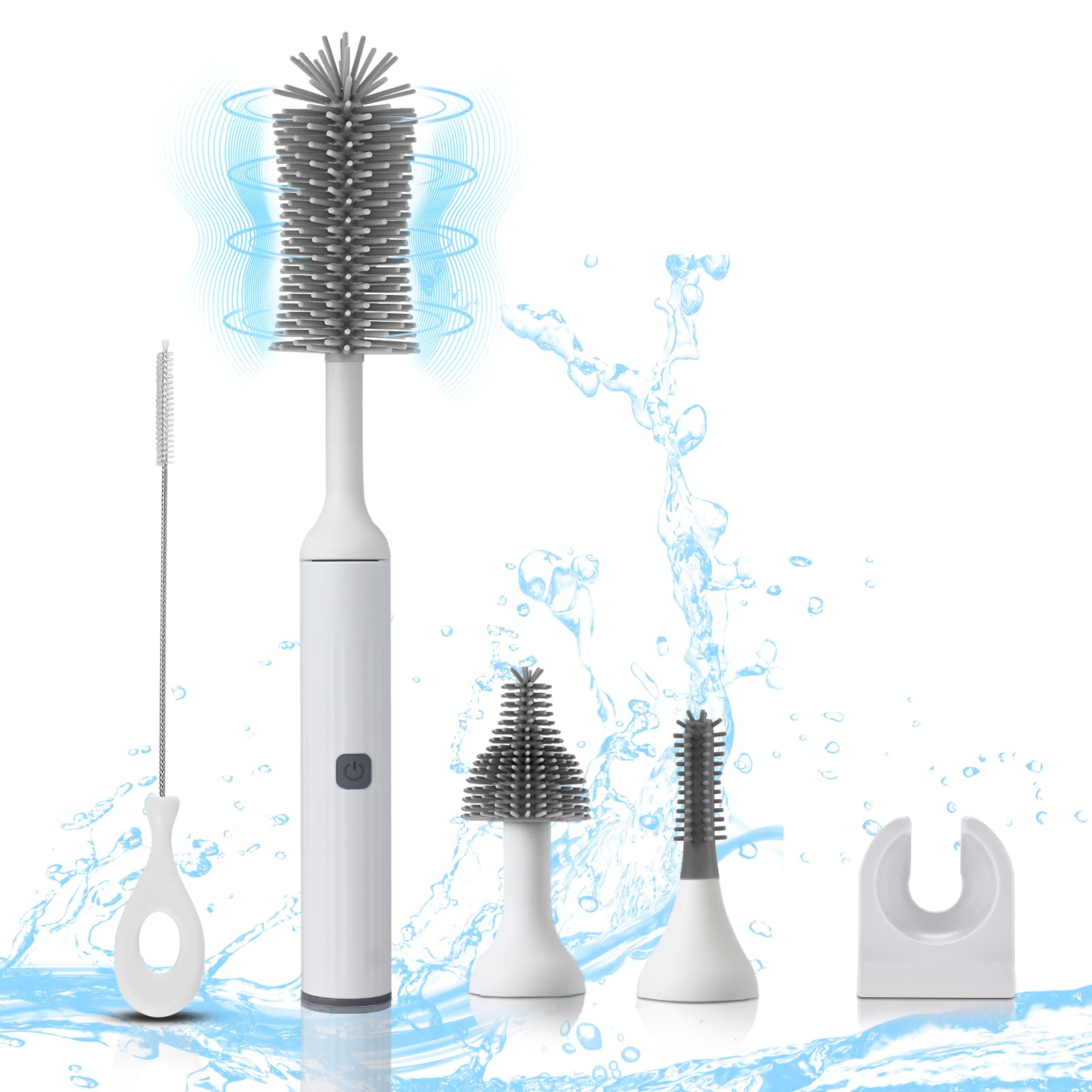 Rechargeable Electric Baby Bottle Brush Set with Replaceable Silicone Brushes & Straw Cleaner - Waterproof Multi-Purpose Cleaning Kit for Baby Bottles, Sippy Cups, and Breast Pump Parts (White) | Perfect for New Parents, Daycare, and Travel Use