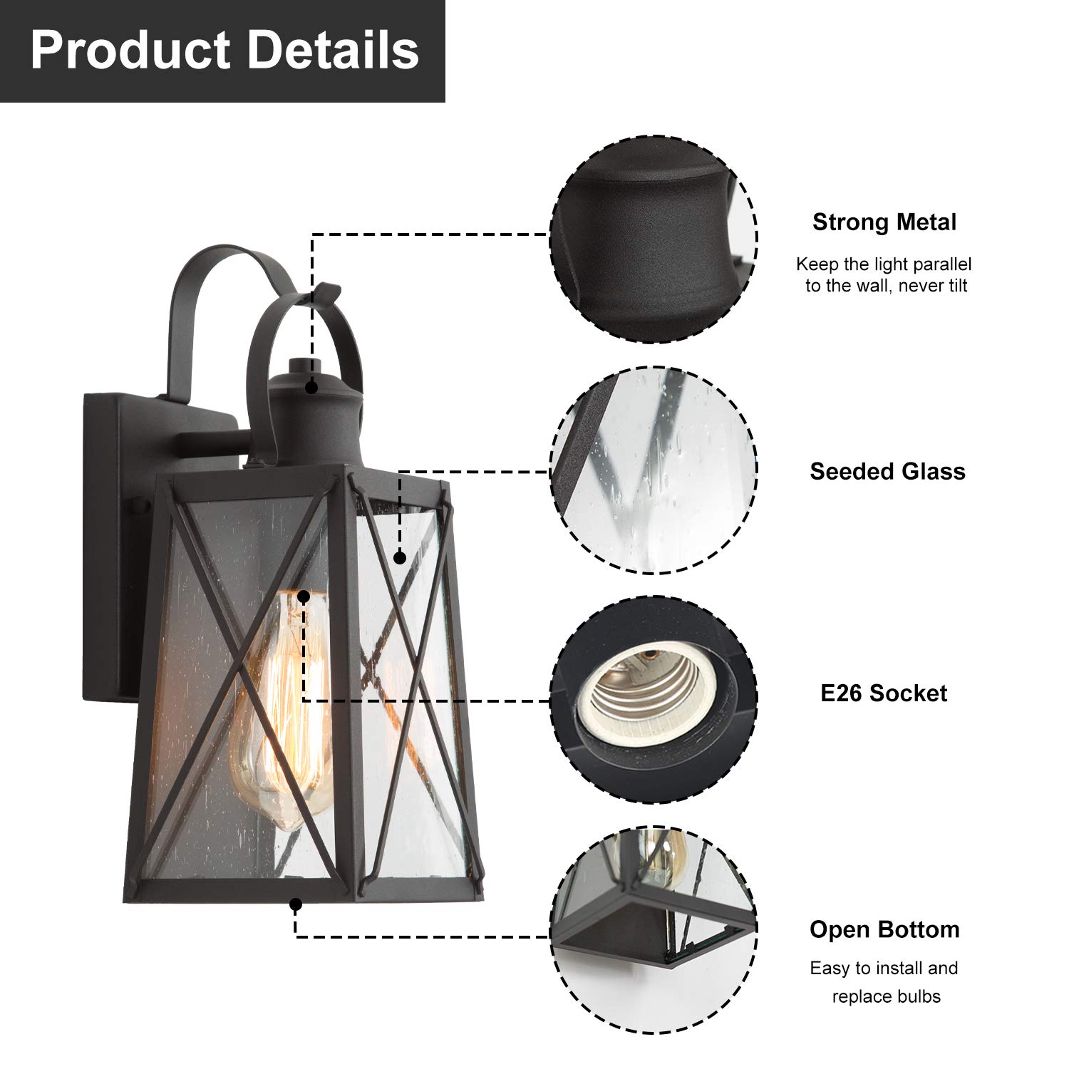 LNC Outdoor Wall Lights 2 Pack - X-Shape Seeded Glass Shade Matte Black E26 Socket Weatherproof Wall Sconce - Exterior Porch Lighting for House, Garage, Backyard, Patio & Garden (Perfect for Entryway, Deck & Pathway Illumination)