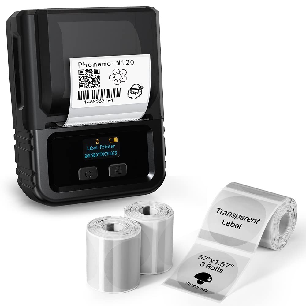 Phomemo M120 Portable Bluetooth Barcode Label Printer - Thermal Label Maker with 3 Rolls 1.57