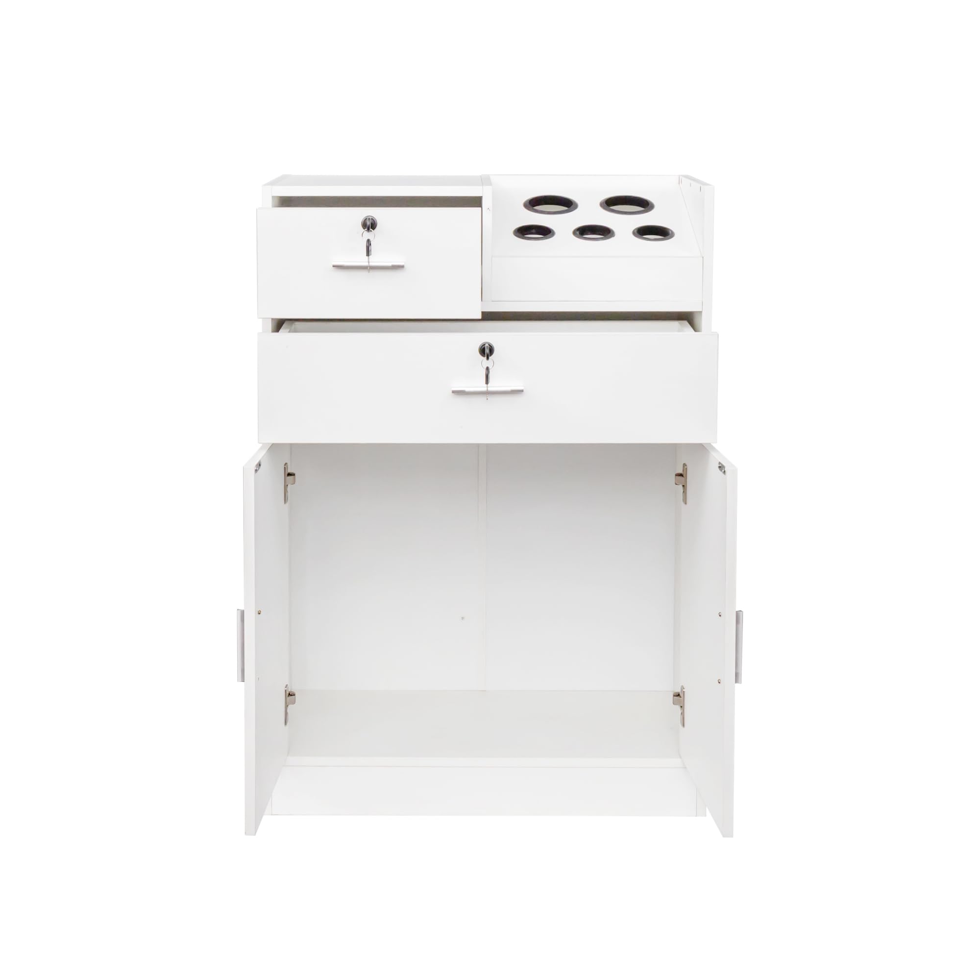 Salon Storage Cabinet with Hair Dryer Holder - 2 Drawers & 1 Cabinet for Salon, Barber & Home Use - White