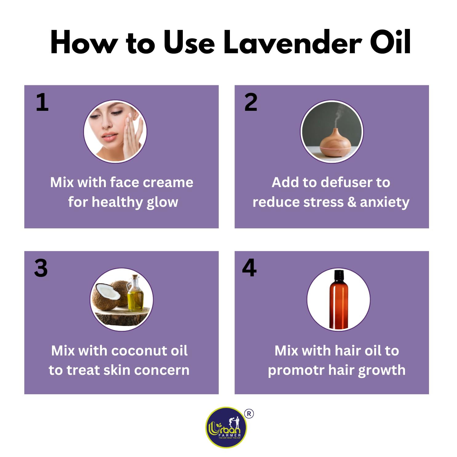 Urban Farmer Lavender Essential Oil - 100% Pure, Natural & Organic for Clear Skin & Healthy Hair | Calming & Soothing Care for Face, Scalp & Body | 10ML Bottle | Perfect for Aromatherapy, Massage & DIY Beauty Products