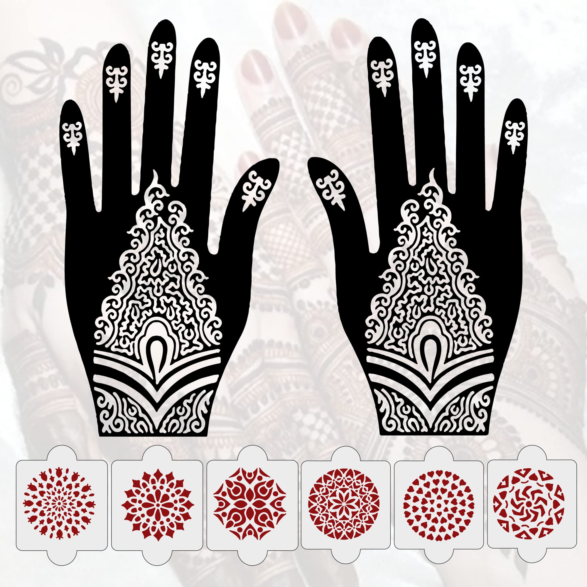 8 Pcs Henna Stencil Kit - 2 Henna Tattoo Stencils + 6 Reusable PVC Mehandi Templates for Women, Girls & Kids | Easy Application Henna Stickers for Full Hand Designs | Perfect for Weddings, Festivals & DIY Body Art