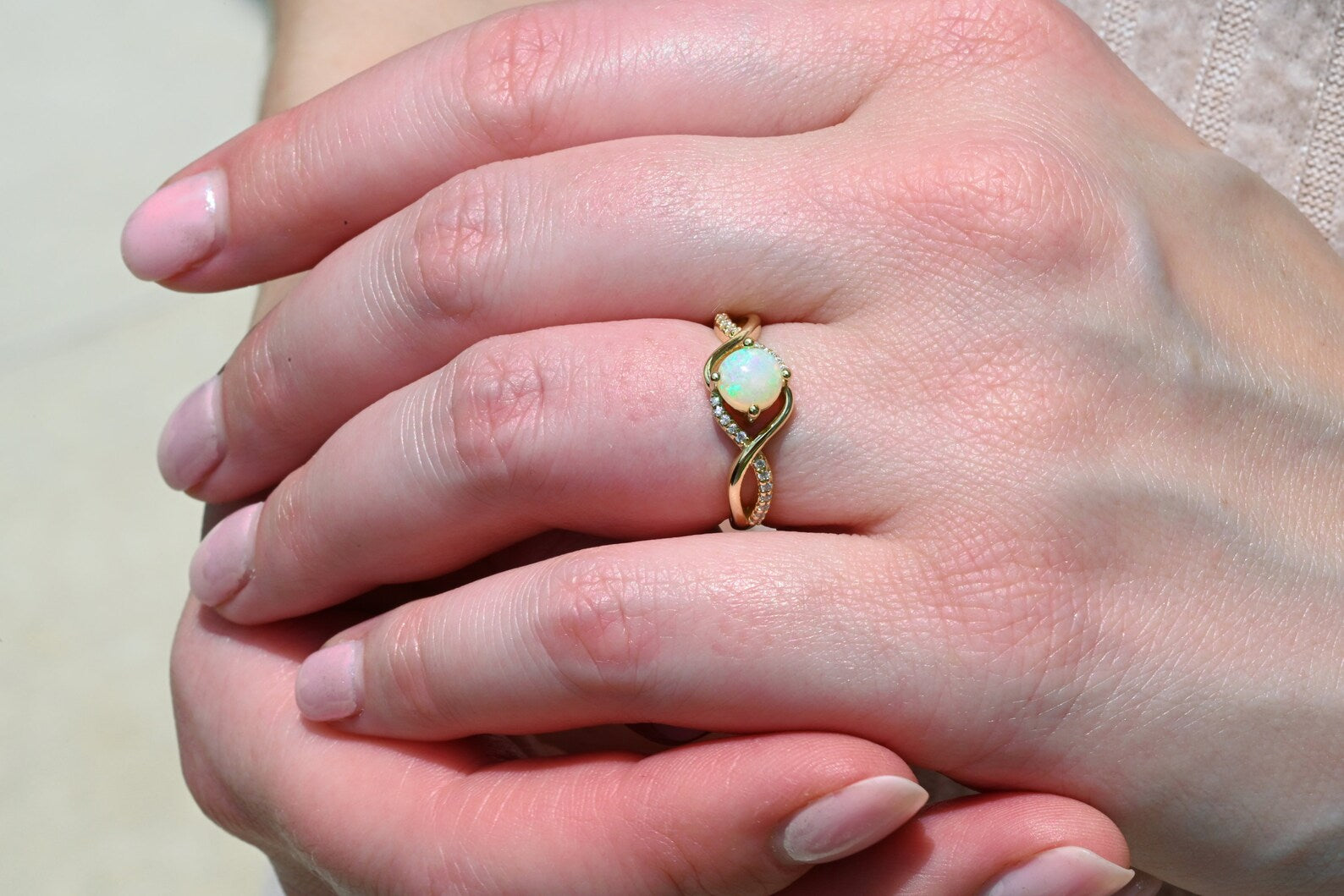 14K Solid Yellow Gold Entwined Natural Australian Opal Ring - Elegant Jewelry for Women, Perfect Gift for Anniversary, Birthday & Special Occasions