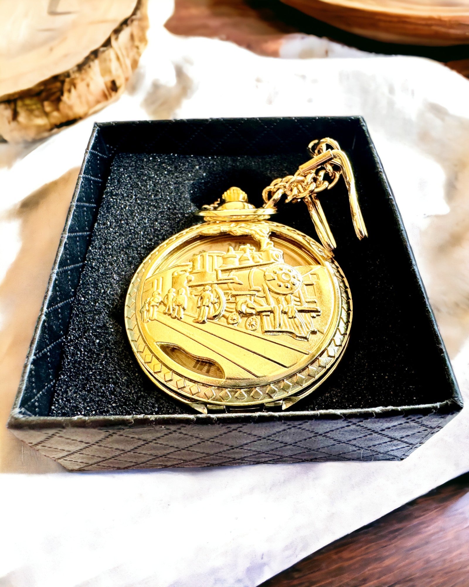 Customizable Gold Pocket Watch with Engraving - Vintage Imperial Train Design - Perfect for Gifts, Collectors & Steampunk Fashion Accessories