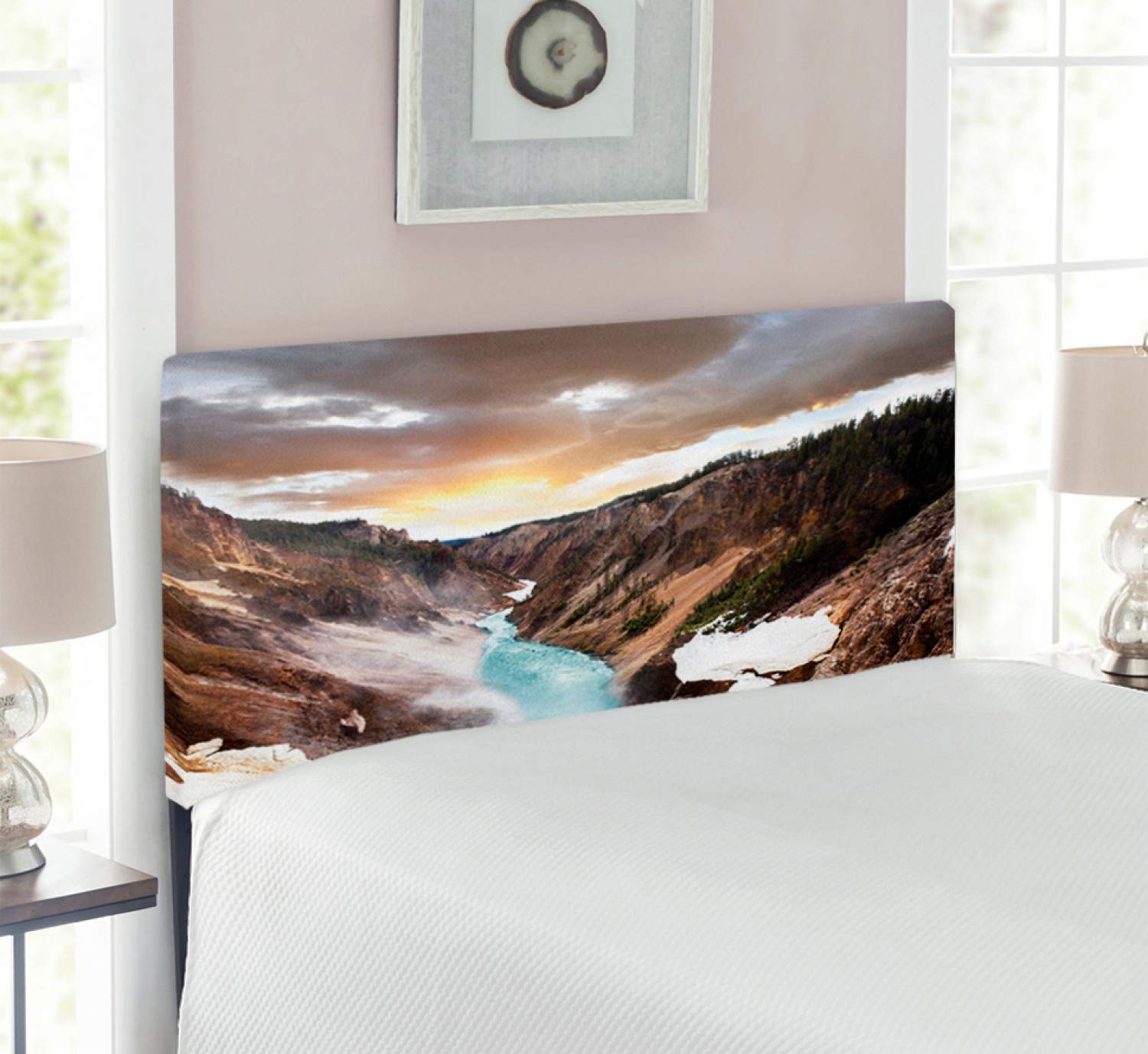 Ambesonne Yellowstone Headboard - Canyon Dramatic Sky Dark Clouds Sunset Landscape Scenic Photo - Upholstered Decorative Metal Bed Headboard with Memory Foam - Twin Size Brown - Perfect for Bedroom Decor & Western Theme Interiors