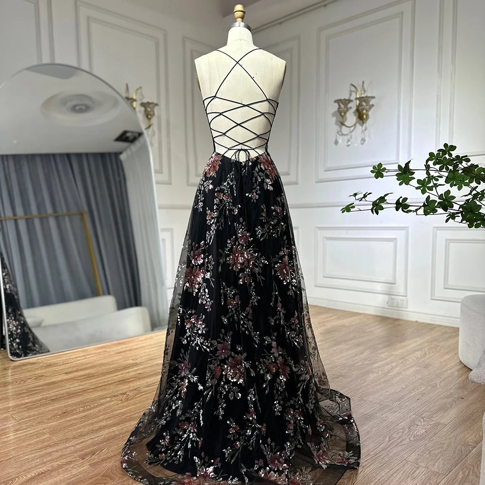 Luxury Dubai Black Beaded Spaghetti Strap A-Line Prom Dress for Formal Occasions - Perfect for Saudi Arabian Weddings, Evening Galas & Special Events LA72773