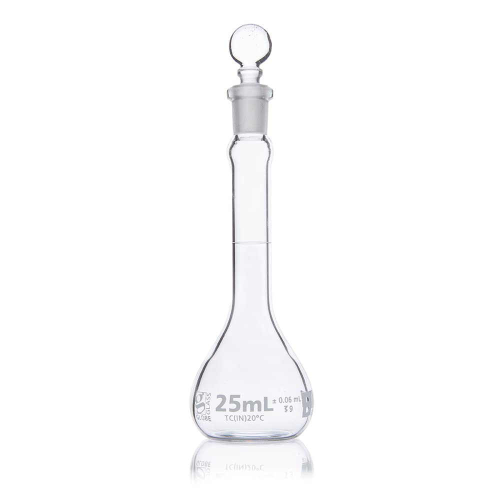 25mL Class B Volumetric Flask - 3.3 Borosilicate Glass, TC (To Contain), ASTME288 Certified - 6-Pack Box - Perfect for Chemistry Labs, Scientific Experiments & Precise Liquid Measurements
