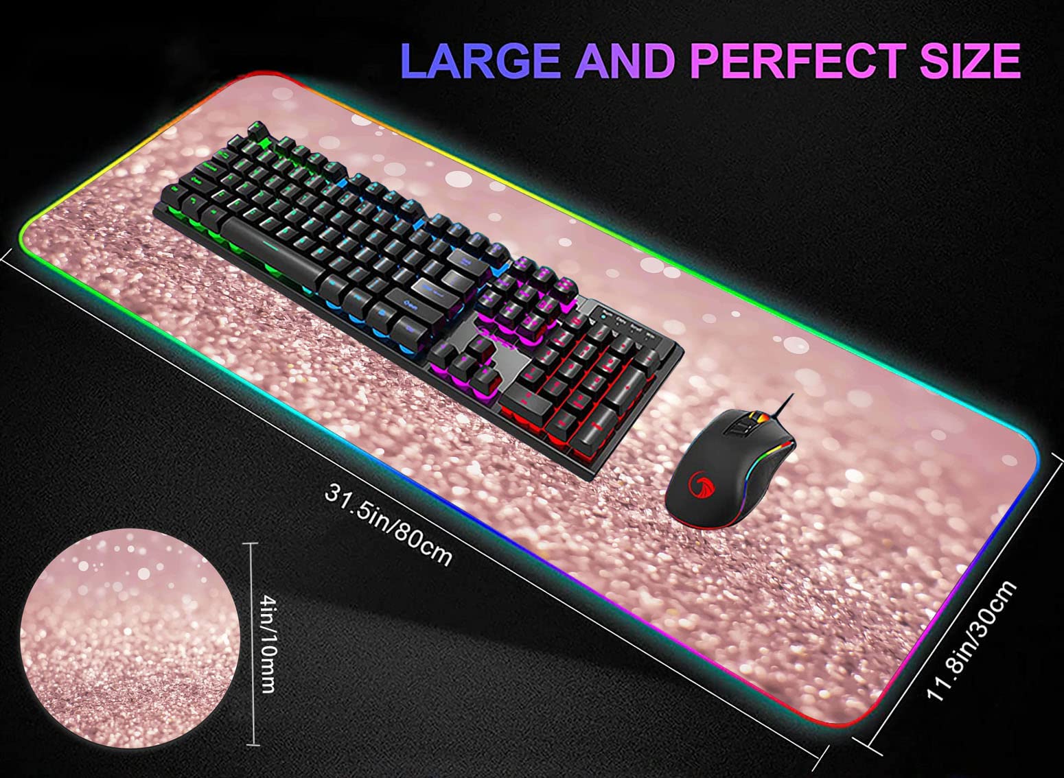 RGB Gaming Mouse Pad with LED Lights - Large Non-Slip Waterproof Desk Mat for Keyboard & Mouse - Pink Glitter Design for PC Gamers - Perfect for Gaming Setups, Office Work & Streaming Stations