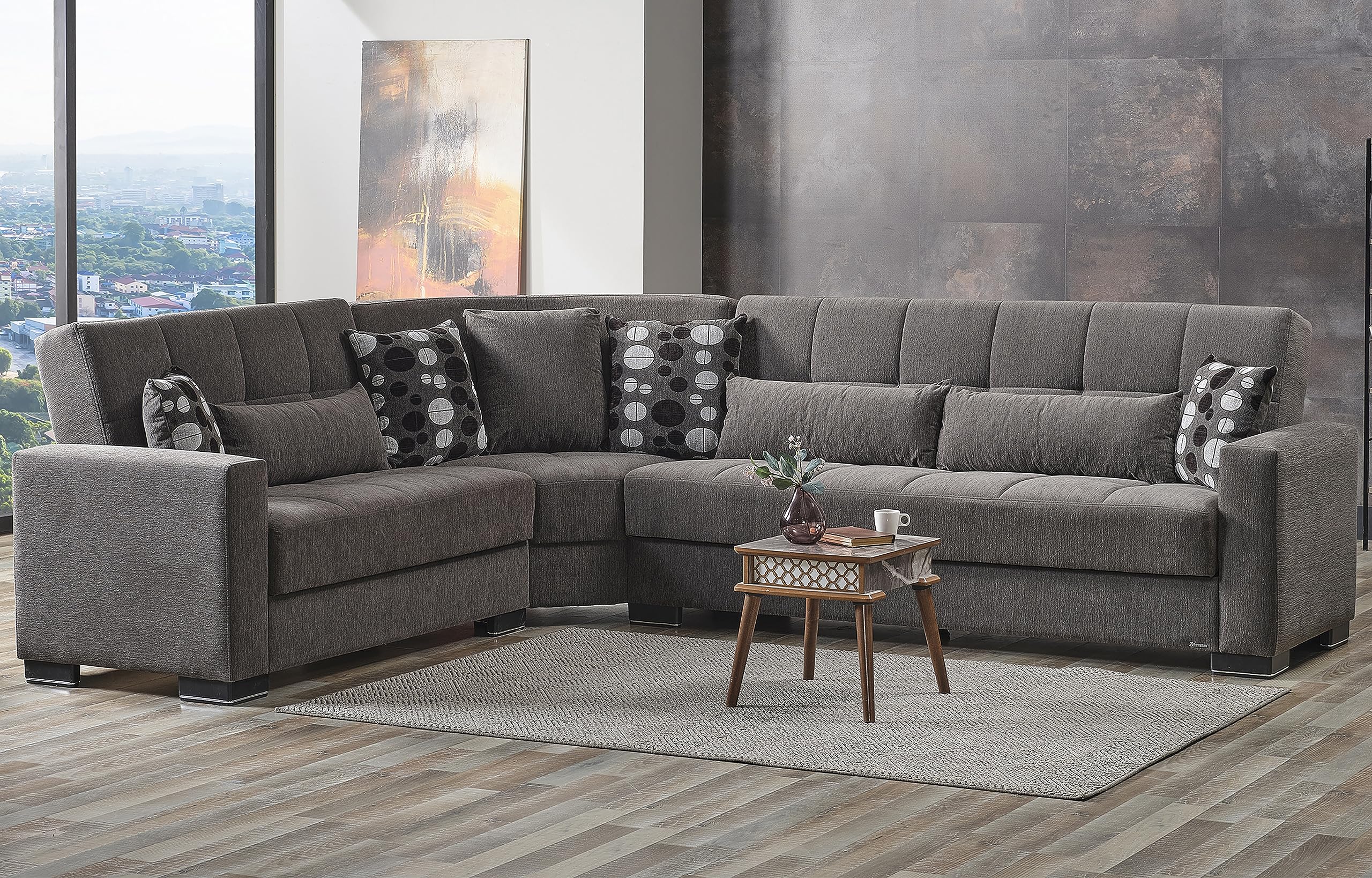 Ottomanson Legacy Collection Upholstered Convertible Sectional Sofa with Storage - Gray | Modern Living Room Furniture for Small Spaces & Apartments