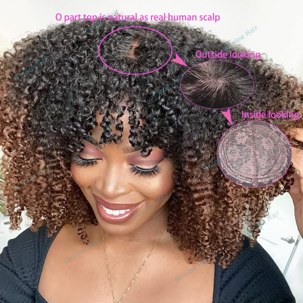 200% Density Ombre Human Hair Wigs - Afro Kinky Curly Two Tone Brazilian Virgin Hair Wig with Bangs | Glueless Machine Scalp Top | 18 Inch for Black Women | Perfect for Daily Wear, Parties & Special Occasions