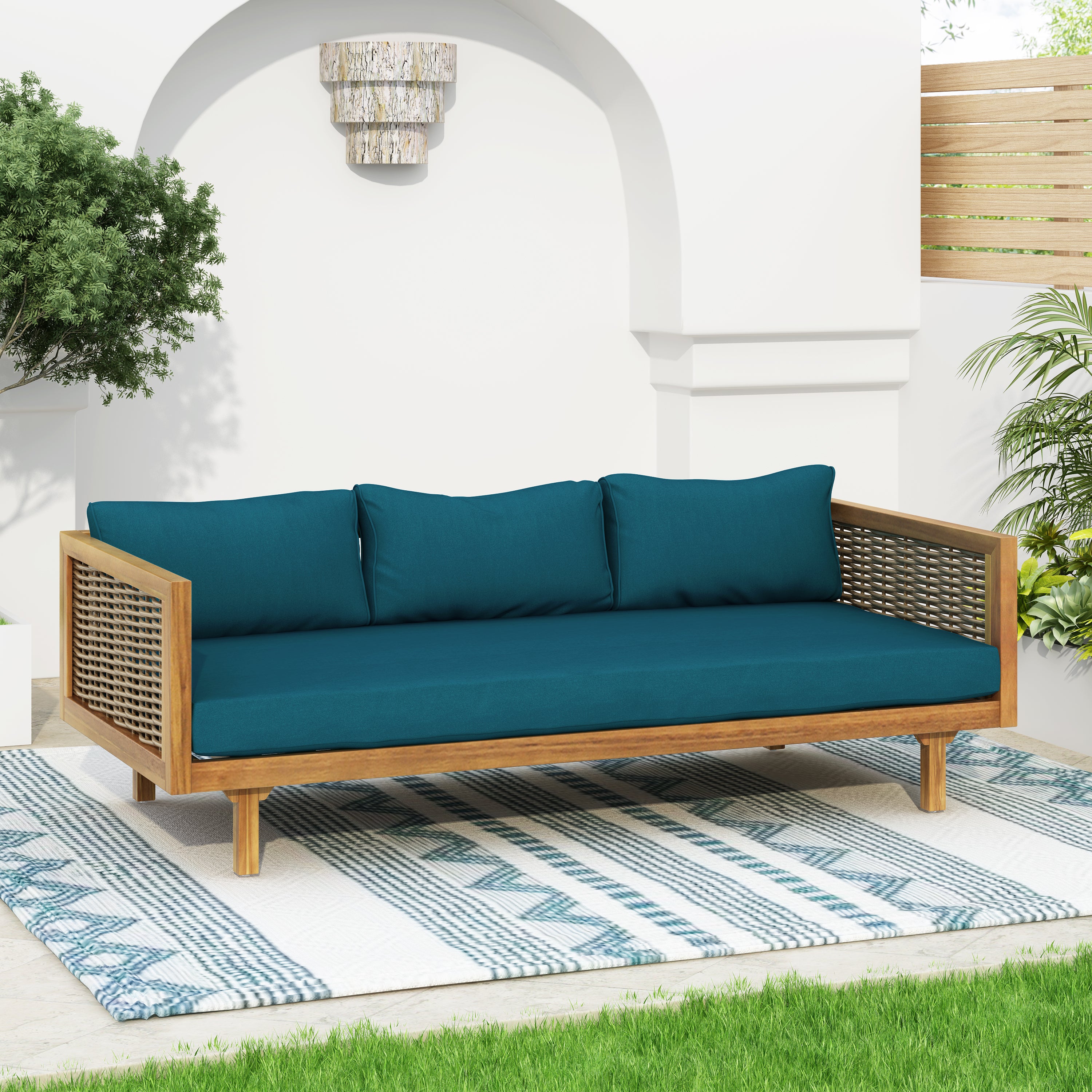 CLAREMONT 3-Seater Rattan Arm Daybed with Teak Cushion - Perfect for Patio, Sunroom or Outdoor Lounge Relaxation